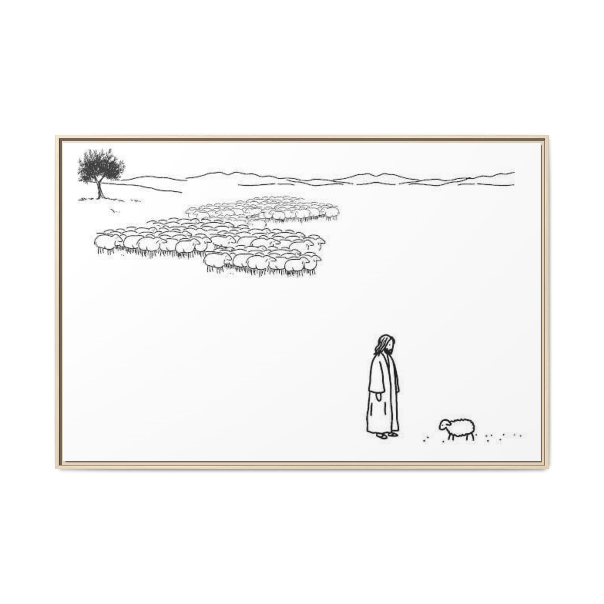 Framed Matte Canvas Print — Minimal The Good Shepherd & Flock Line Art