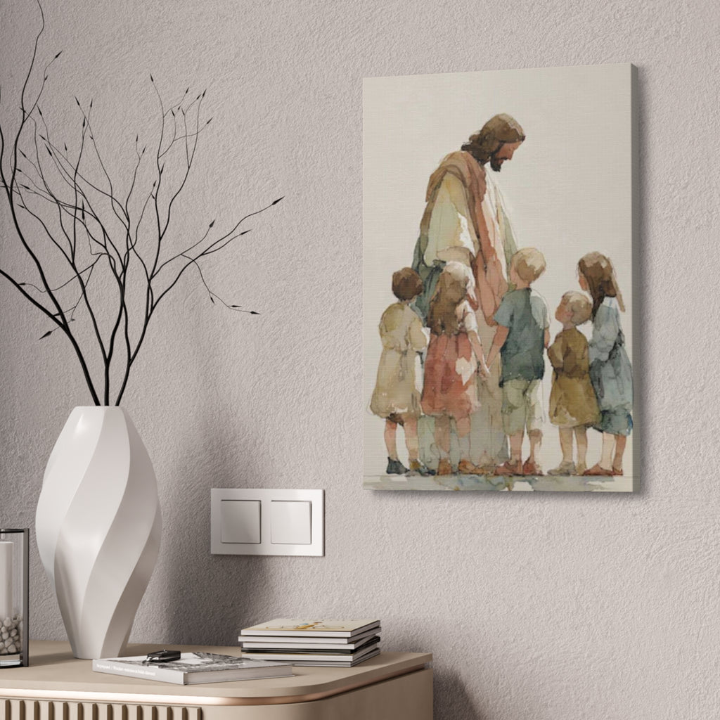 Faithful Father and Children Watercolor Canvas Print — Religious Nursery Wall Art
