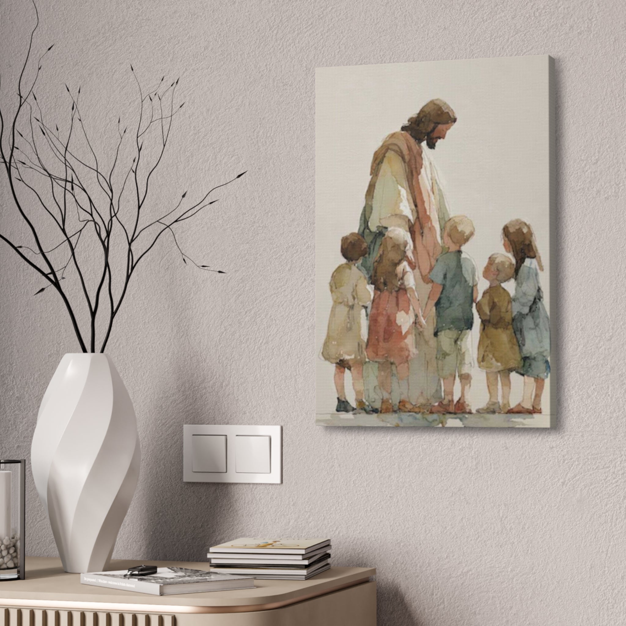 Faithful Father and Children Watercolor Canvas Print — Religious Nursery Wall Art