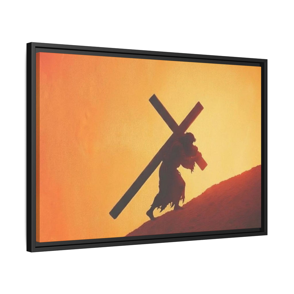 Jesus Christ Carrying Cross Framed Canvas — 'The World On His Shoulder' Sunset Art