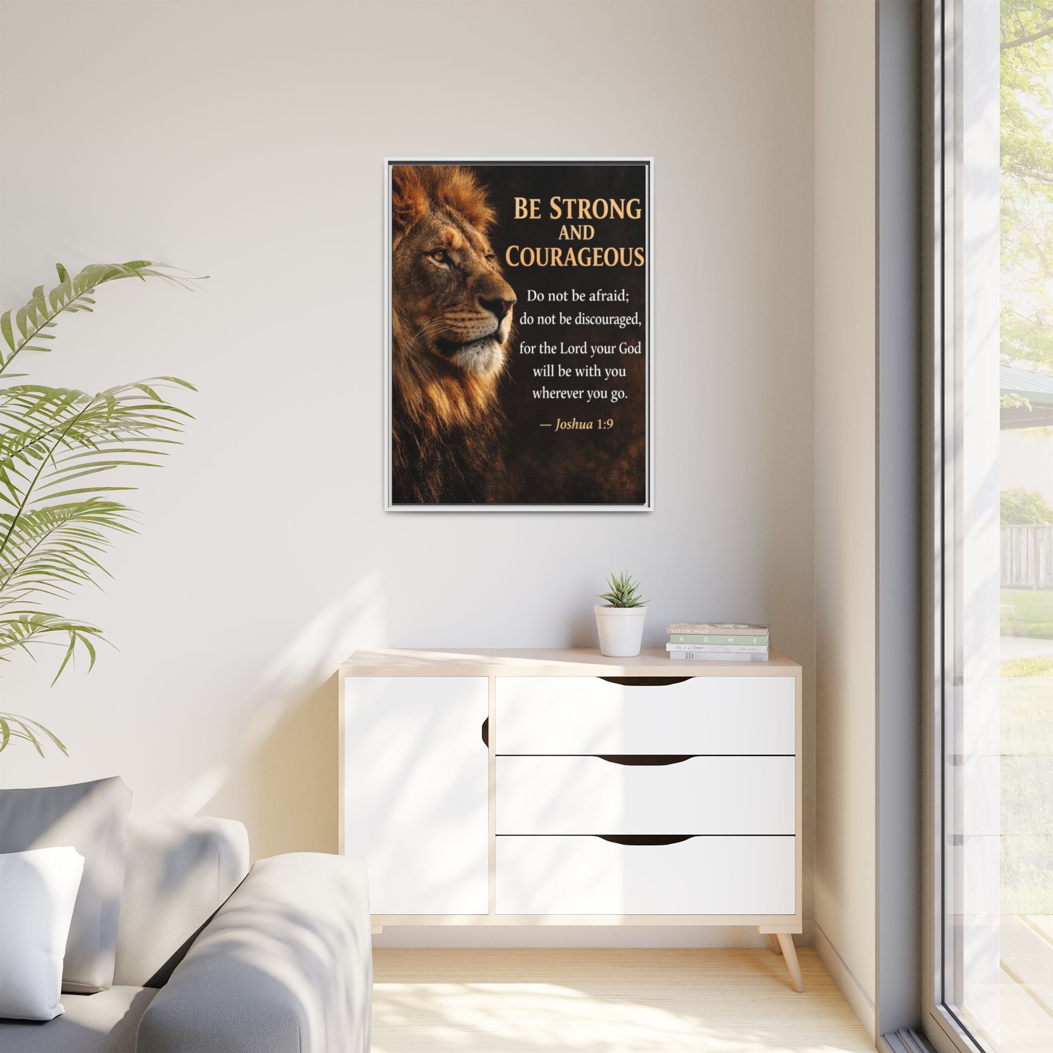 Framed Canvas Wall Art — "Be Strong and Courageous" Lion Joshua 1:9 Inspirational FAITH Art