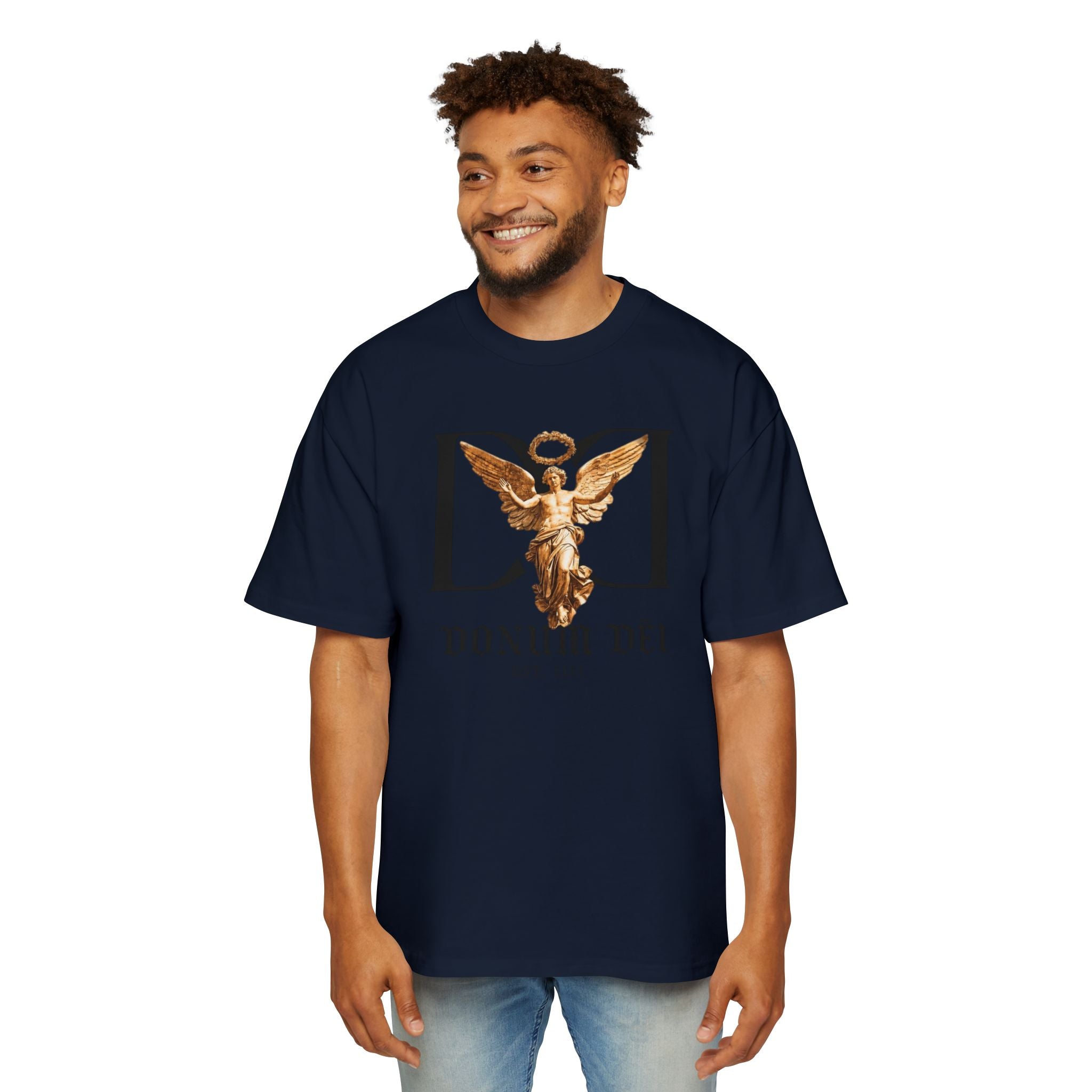 Donum Dei Angel Graphic Tee — Vintage Roman Lettering Men’s Oversized T‑Shirt