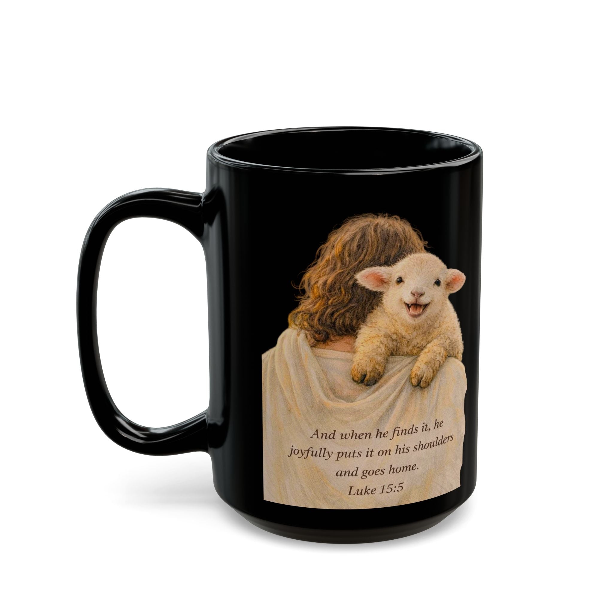 Jesus with Lamb Black Mug — Faith Inspirational Coffee Cup (11oz, 15oz)
