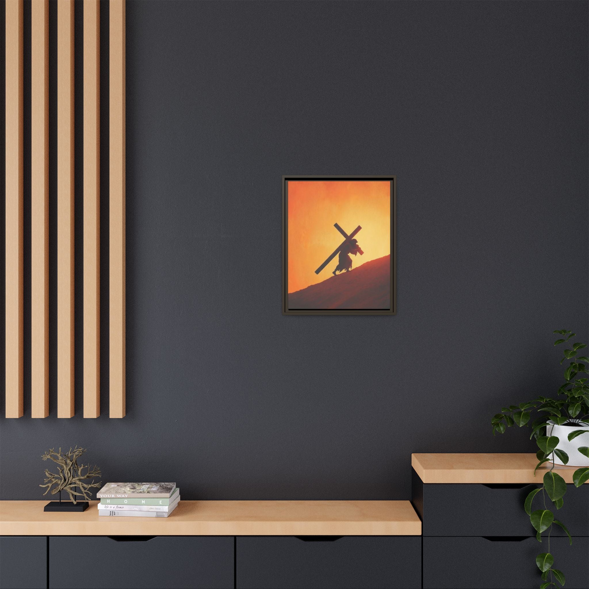 Jesus Christ Carrying Cross Framed Canvas — 'The World On His Shoulder' Sunset Art