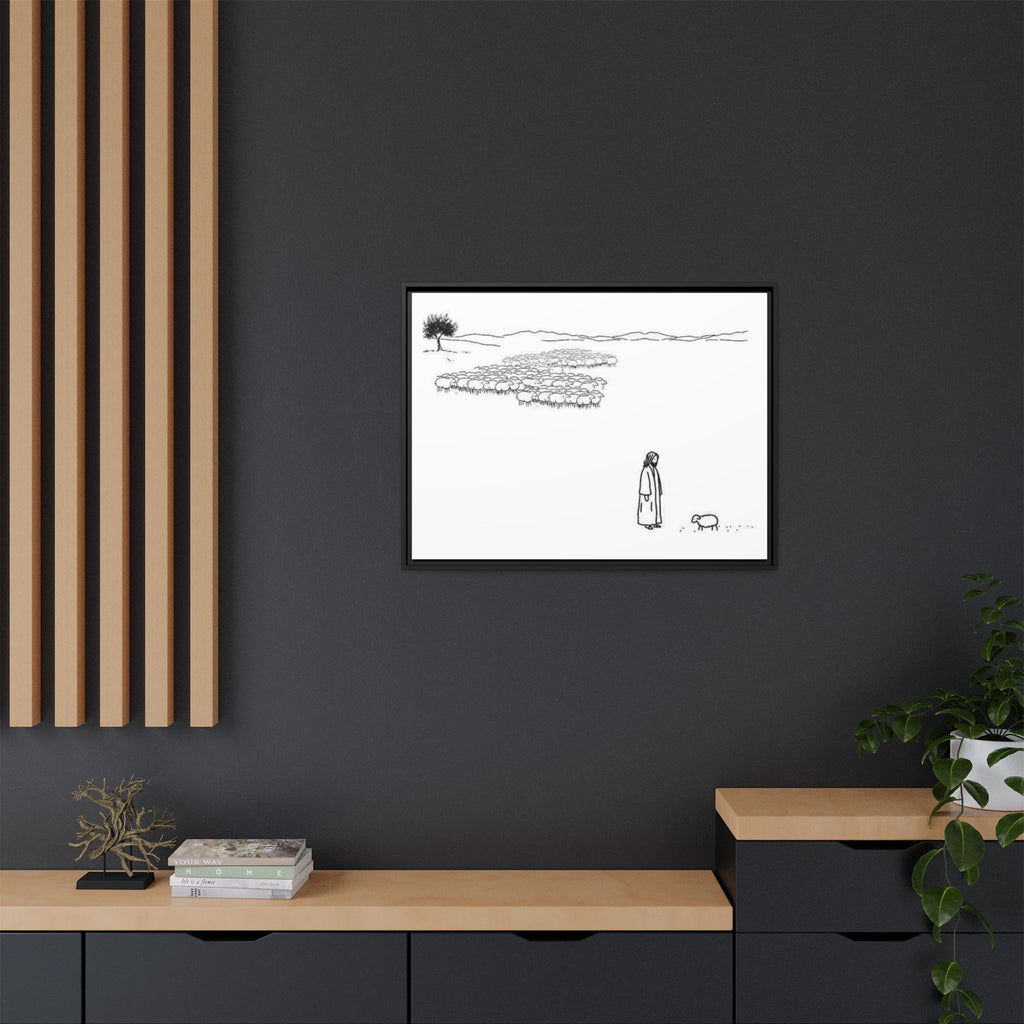 Framed Matte Canvas Print — Minimal The Good Shepherd & Flock Line Art