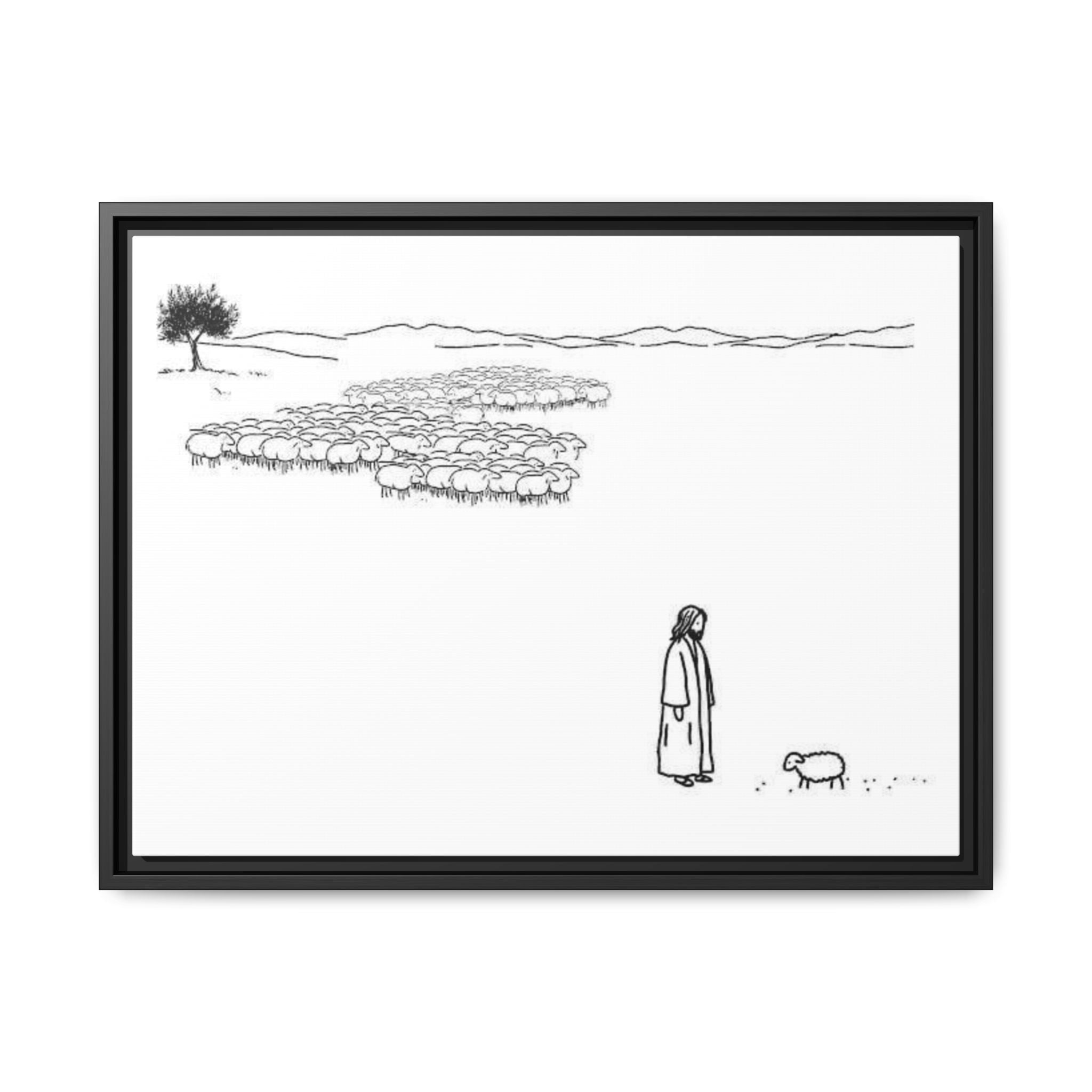 Framed Matte Canvas Print — Minimal The Good Shepherd & Flock Line Art