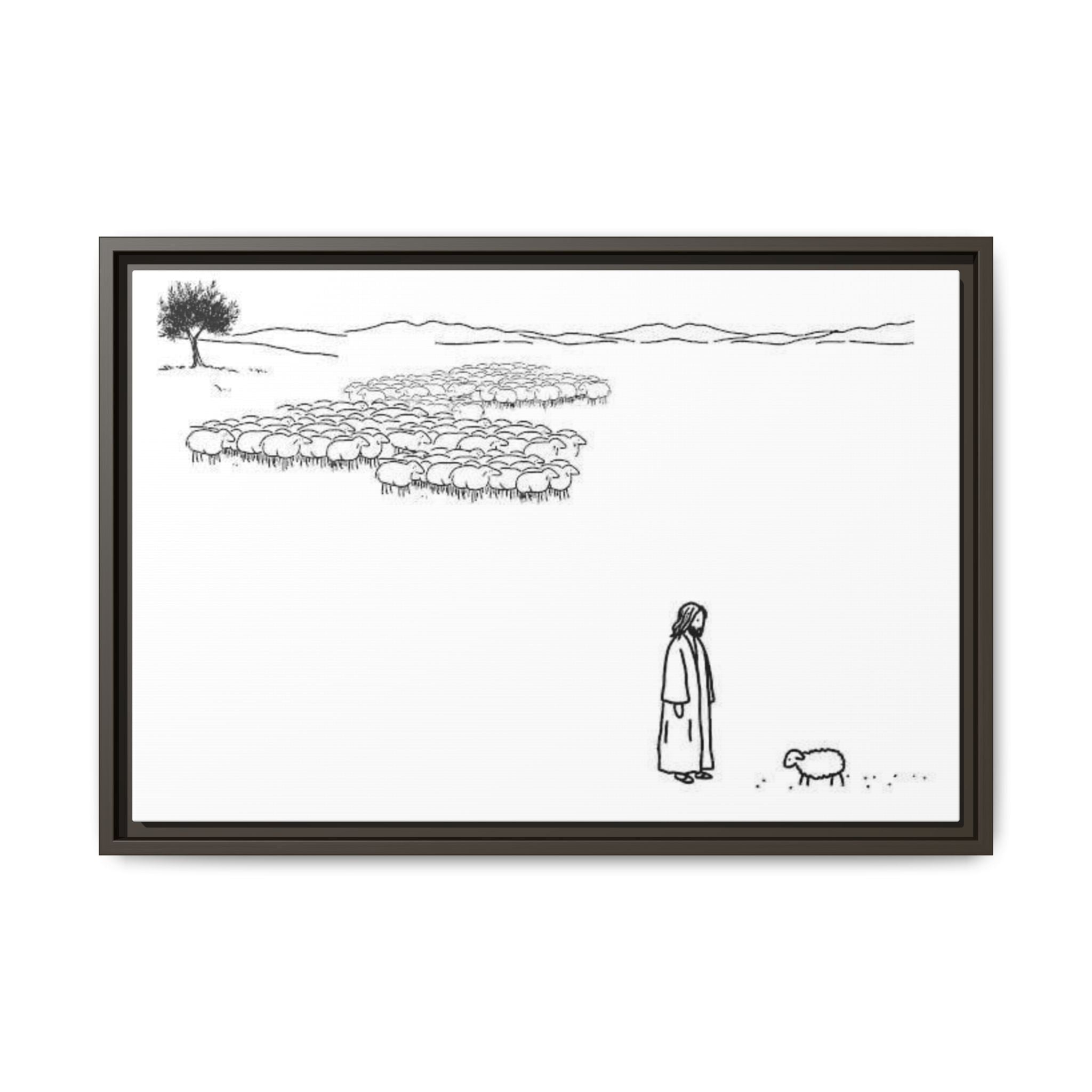 Framed Matte Canvas Print — Minimal The Good Shepherd & Flock Line Art