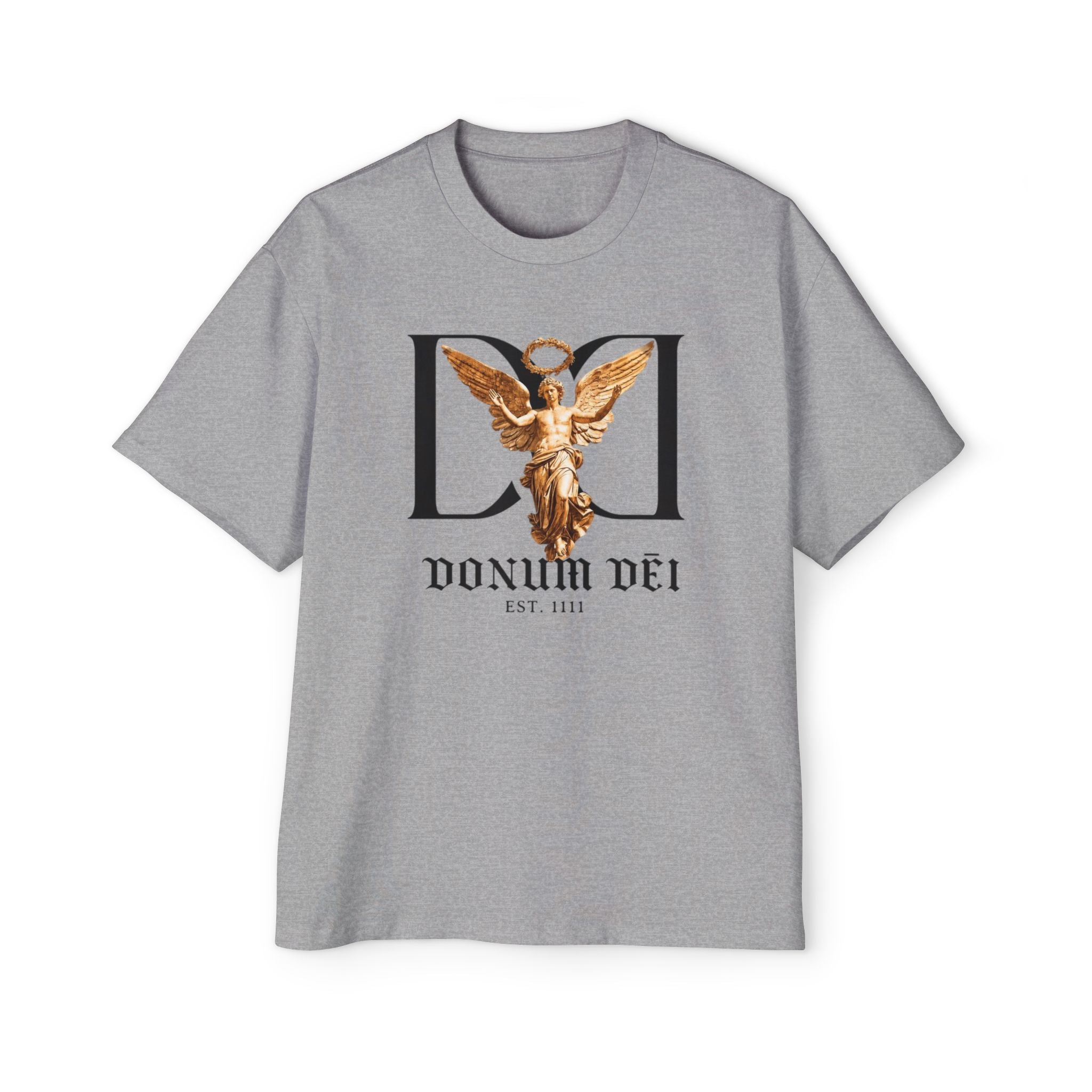 Donum Dei Angel Graphic Tee — Vintage Roman Lettering Men’s Oversized T‑Shirt