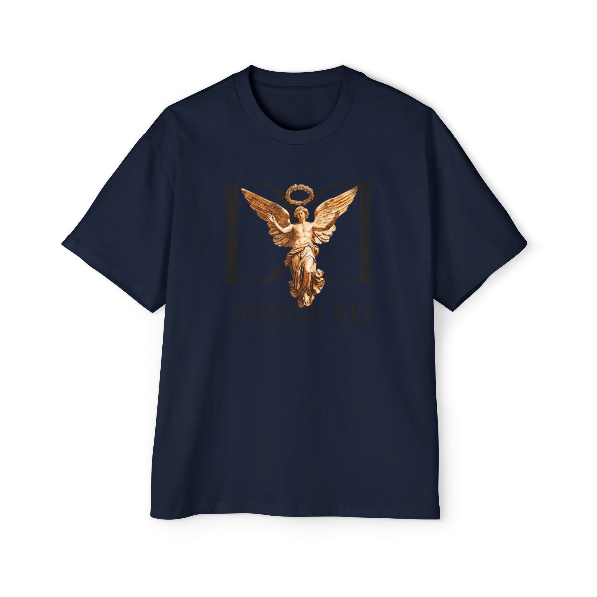 Donum Dei Angel Graphic Tee — Vintage Roman Lettering Men’s Oversized T‑Shirt