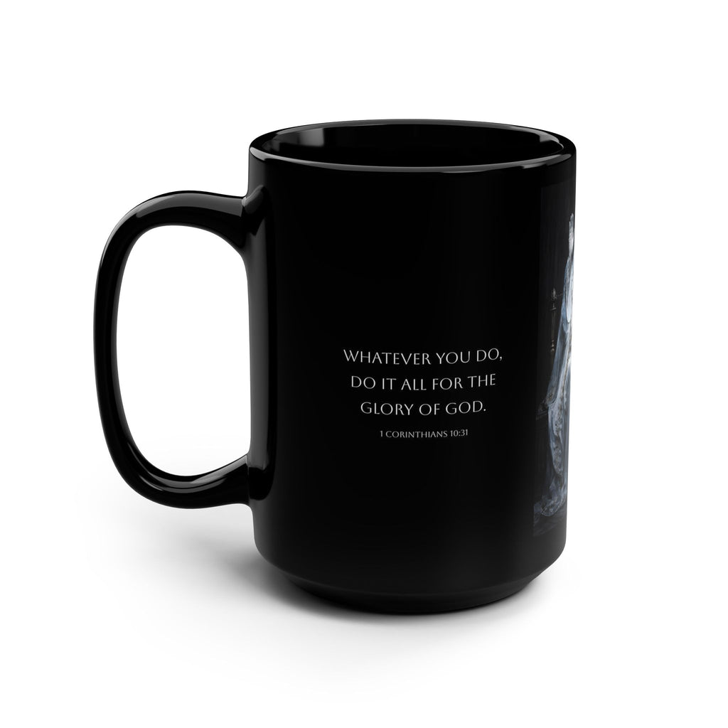 Christian Inspirational Black 15oz Mug — 'Whatever You Do, Do It All for the Glory of God' with Prayerful Statue Artwork