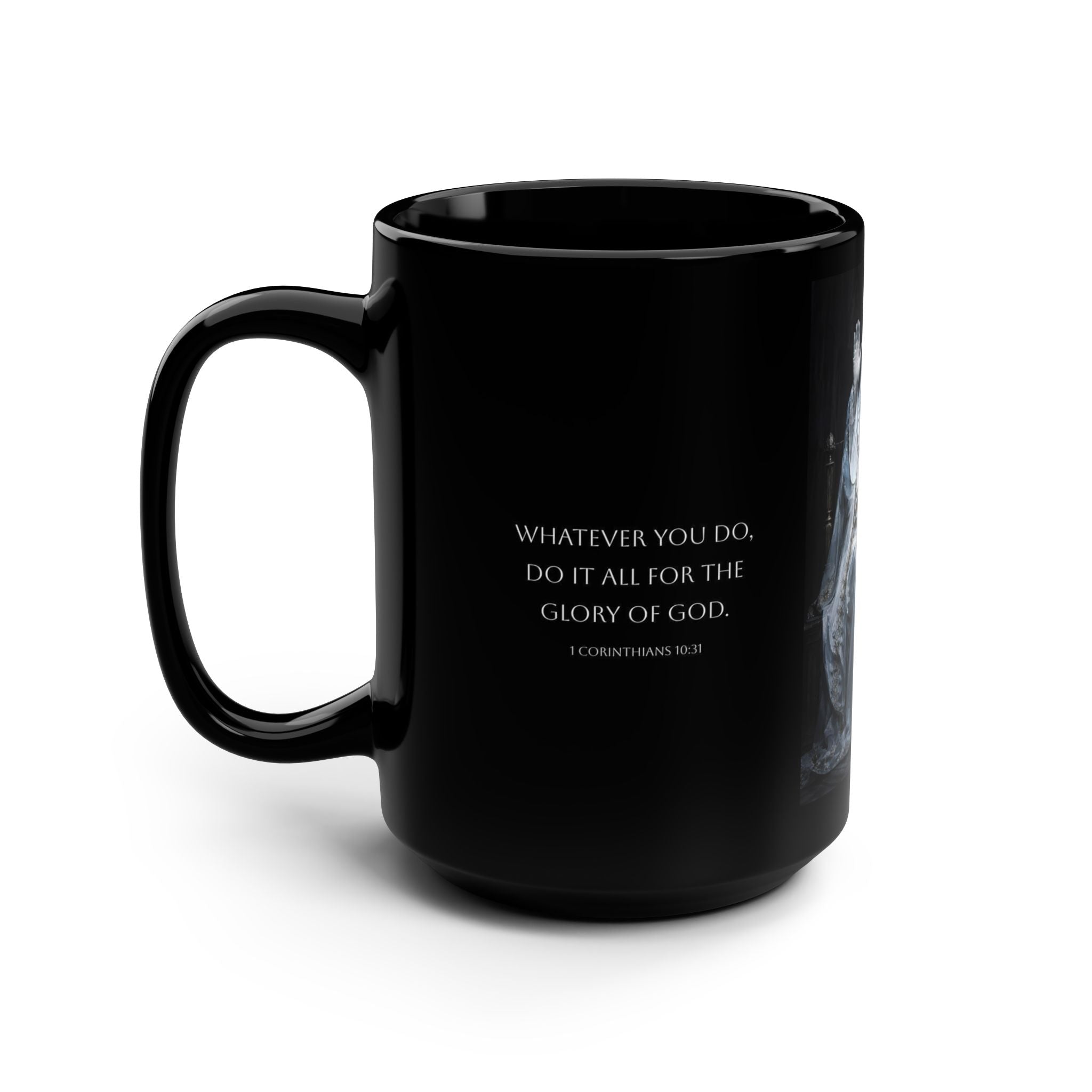 Christian Inspirational Black 15oz Mug — 'Whatever You Do, Do It All for the Glory of God' with Prayerful Statue Artwork