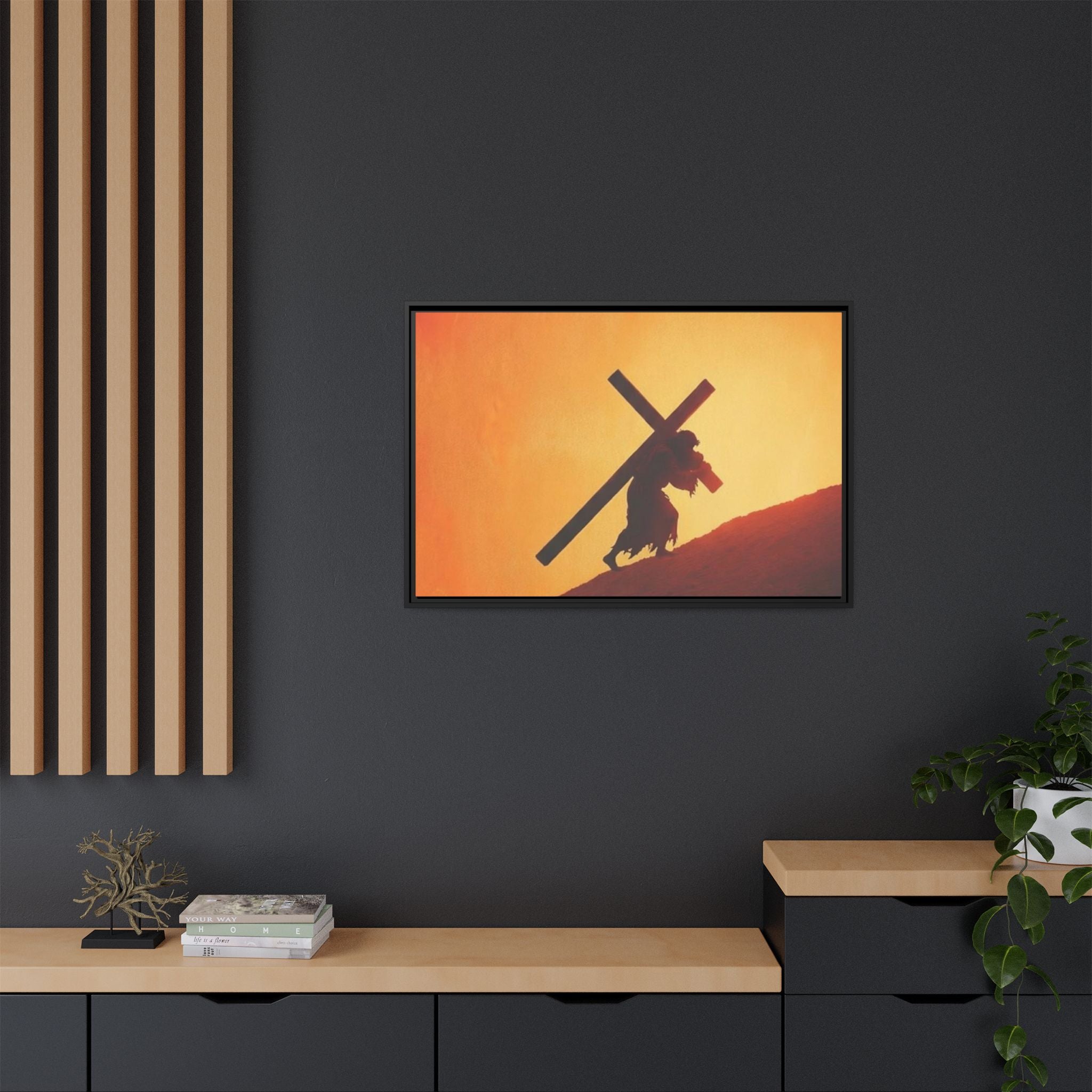 Jesus Christ Carrying Cross Framed Canvas — 'The World On His Shoulder' Sunset Art