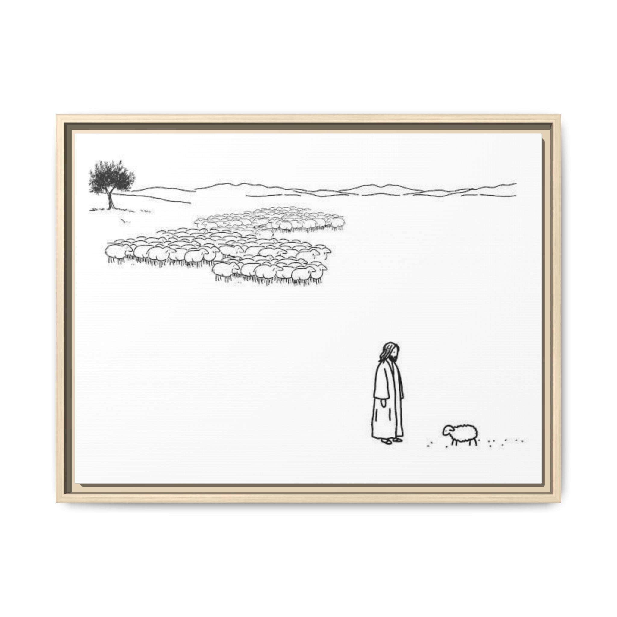 Framed Matte Canvas Print — Minimal The Good Shepherd & Flock Line Art