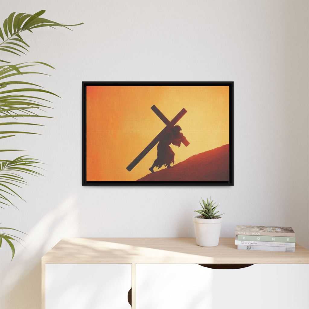 Jesus Christ Carrying Cross Framed Canvas — 'The World On His Shoulder' Sunset Art
