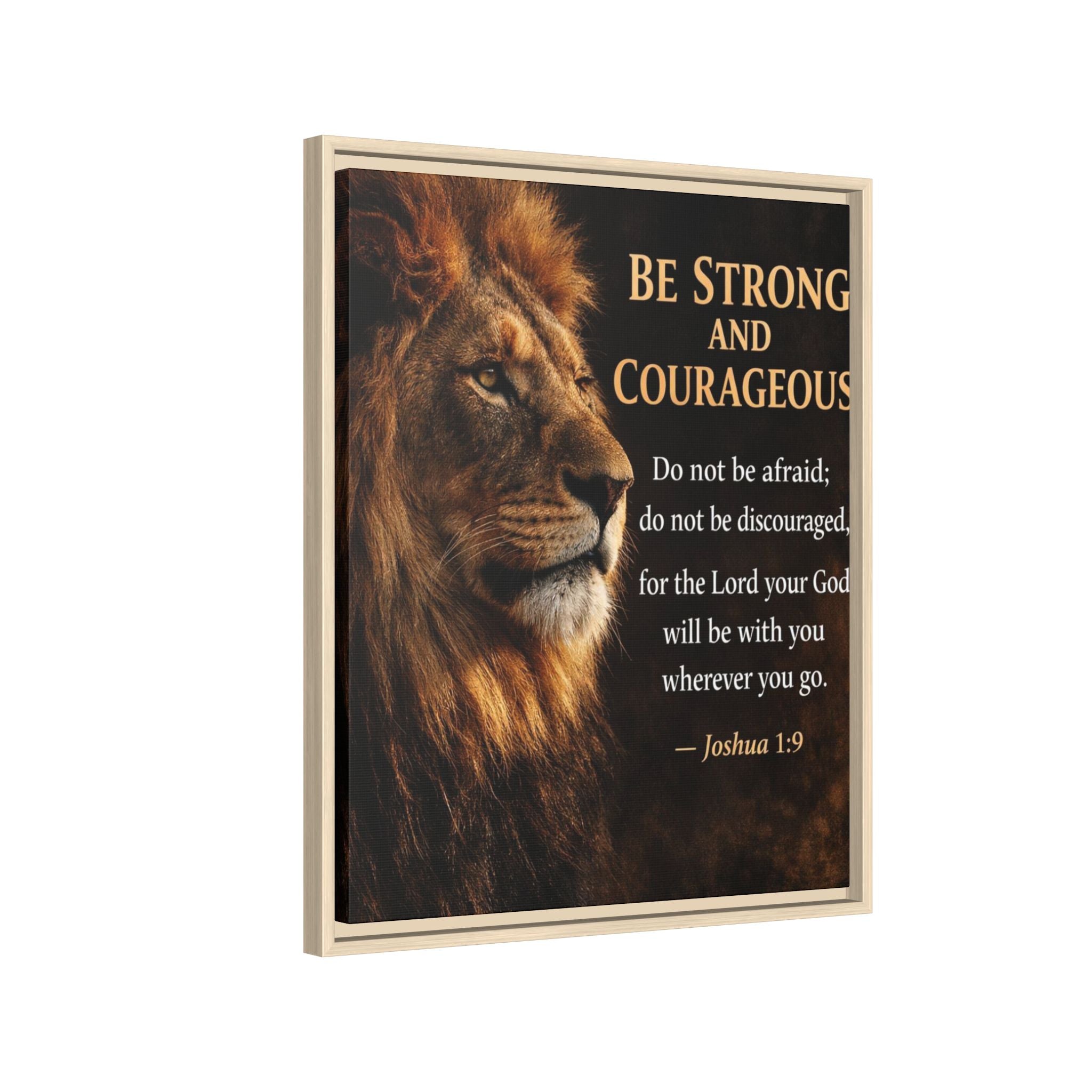 Framed Lion Canvas Print - "Be Strong and Courageous" Joshua 1:9 Inspirational Wall Art