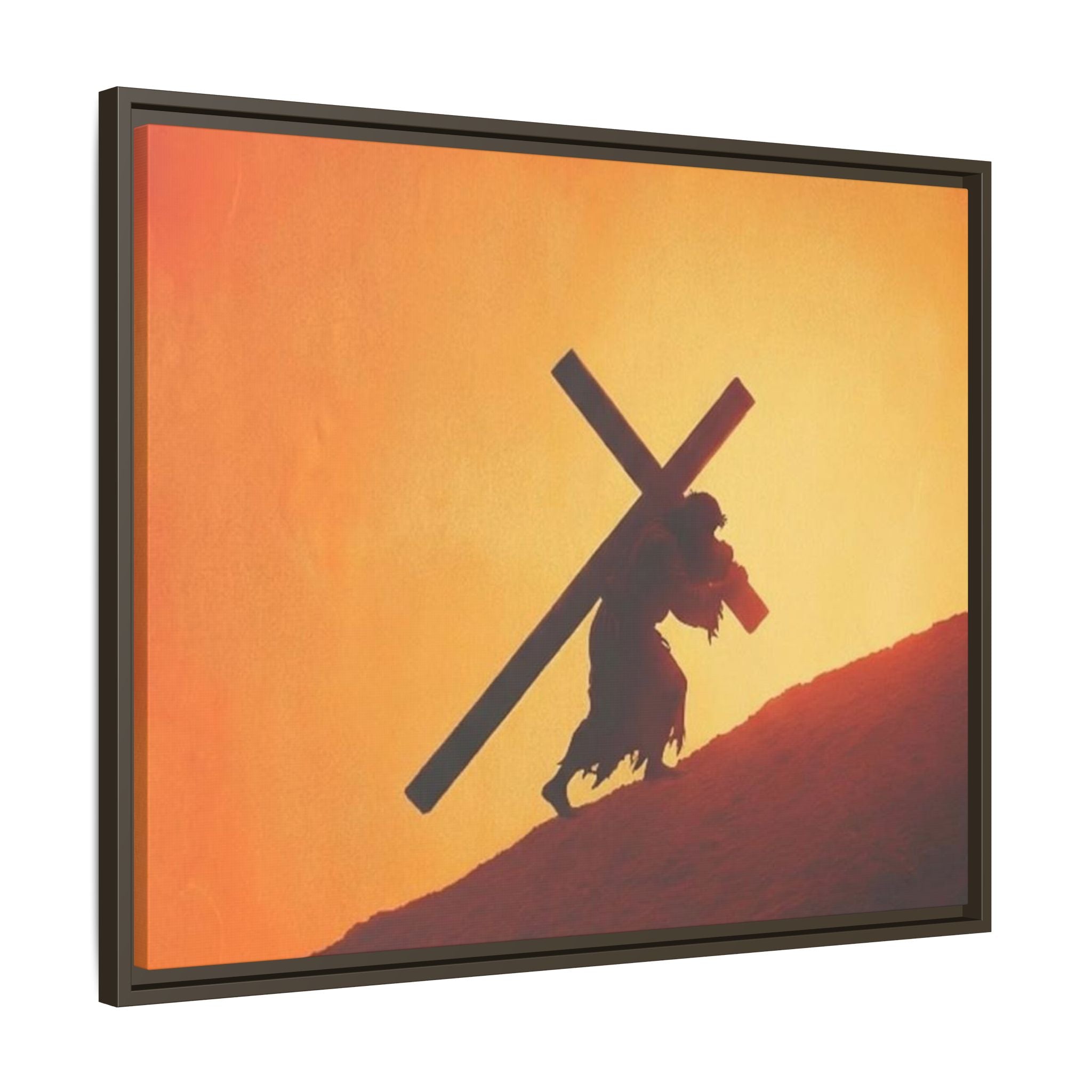 Jesus Christ Carrying Cross Framed Canvas — 'The World On His Shoulder' Sunset Art