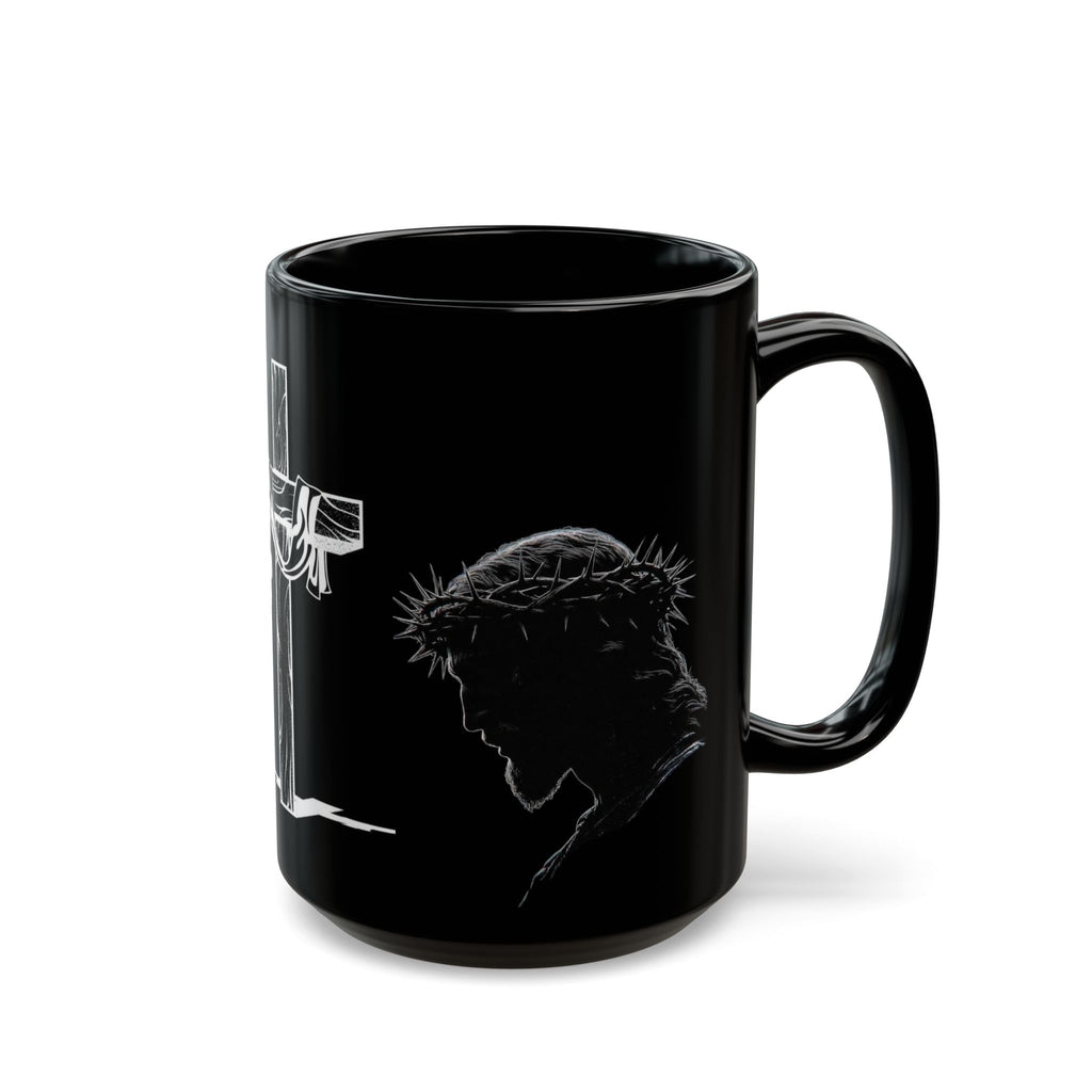 Christian Cross & Crown of Thorns Black Coffee Mug — Inspirational Scripture Gift (11oz/15oz)