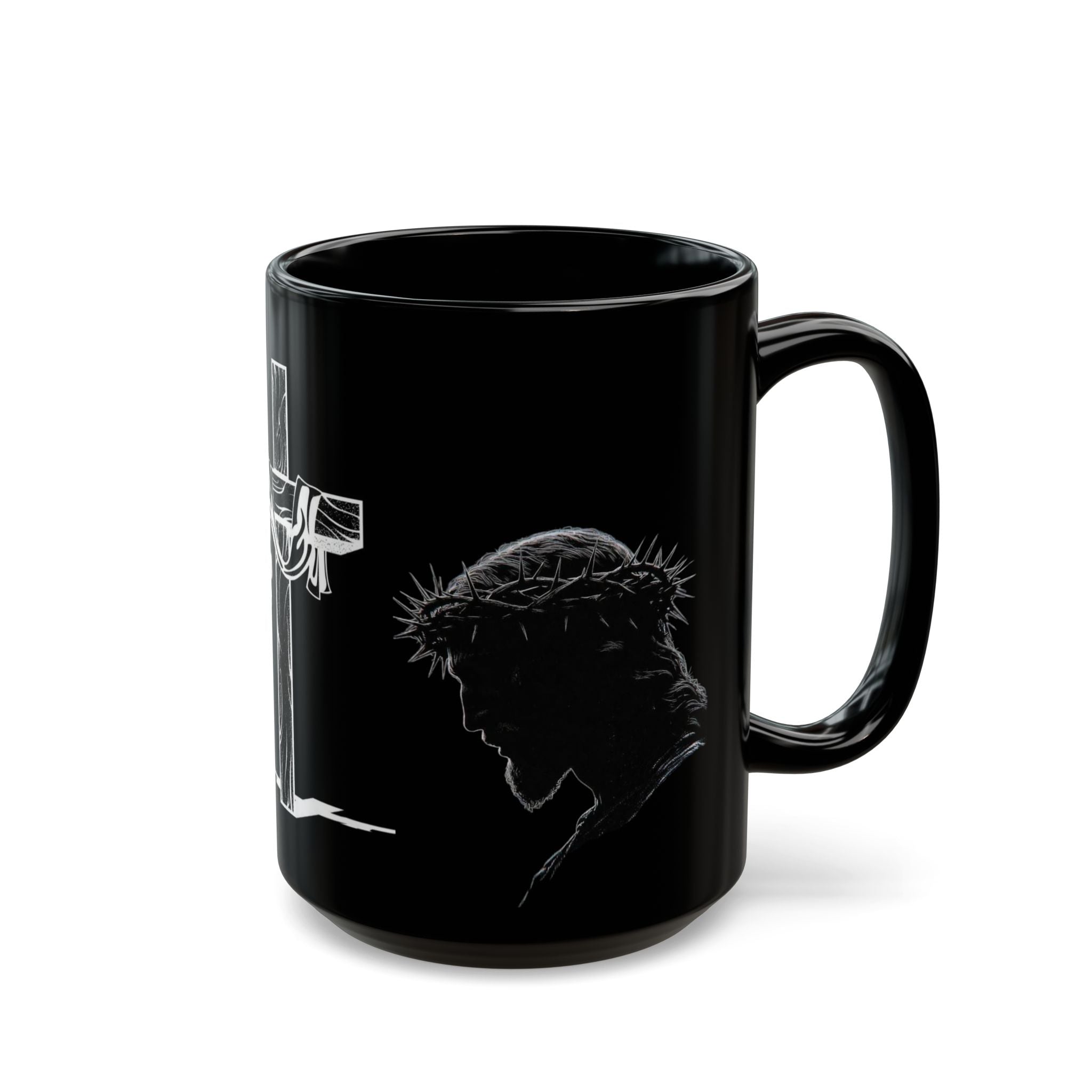Christian Cross & Crown of Thorns Black Coffee Mug — Inspirational Scripture Gift (11oz/15oz)
