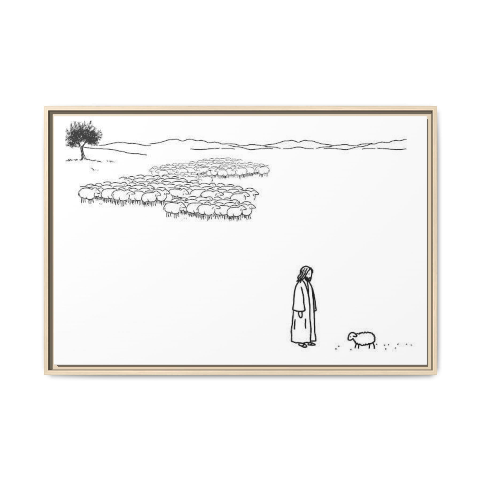 Framed Matte Canvas Print — Minimal The Good Shepherd & Flock Line Art
