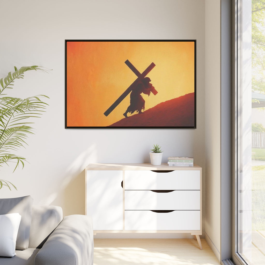 Jesus Christ Carrying Cross Framed Canvas — 'The World On His Shoulder' Sunset Art