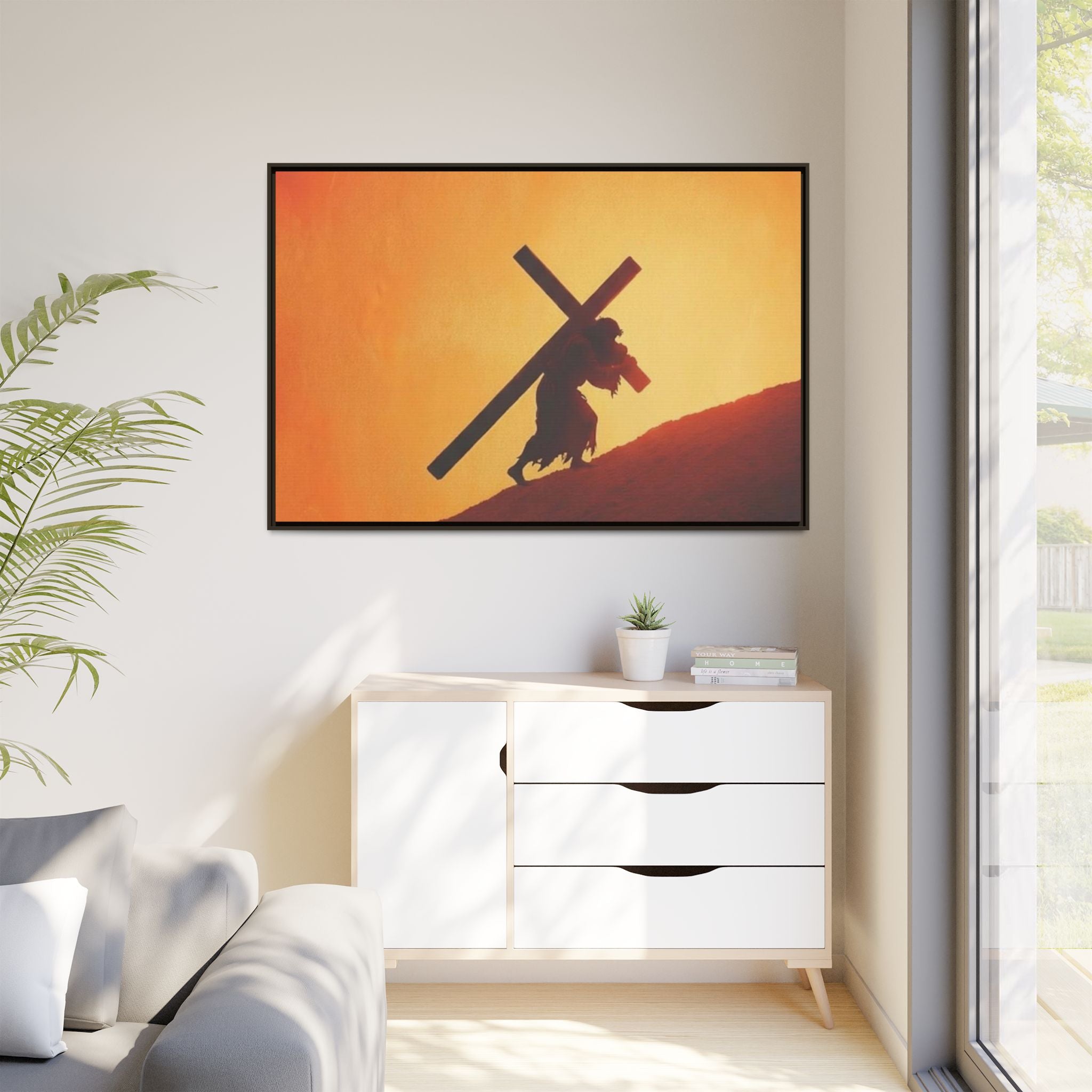 Jesus Christ Carrying Cross Framed Canvas — 'The World On His Shoulder' Sunset Art