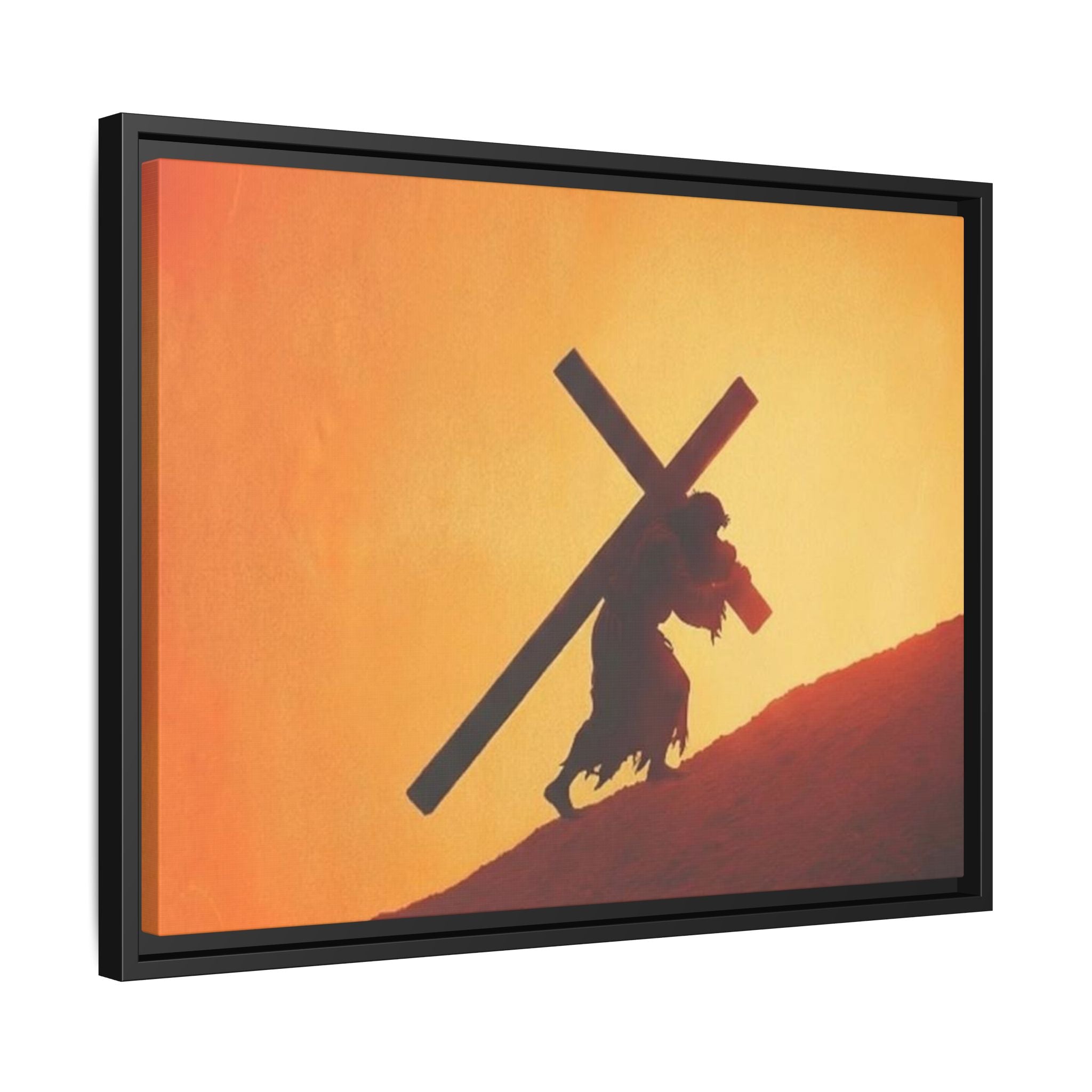 Jesus Christ Carrying Cross Framed Canvas — 'The World On His Shoulder' Sunset Art