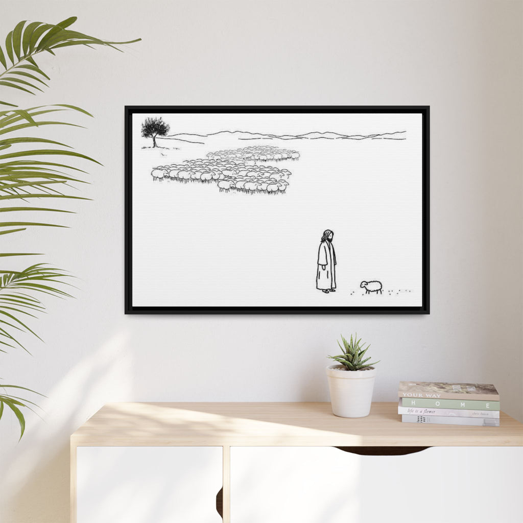 Framed Matte Canvas Print — Minimal The Good Shepherd & Flock Line Art