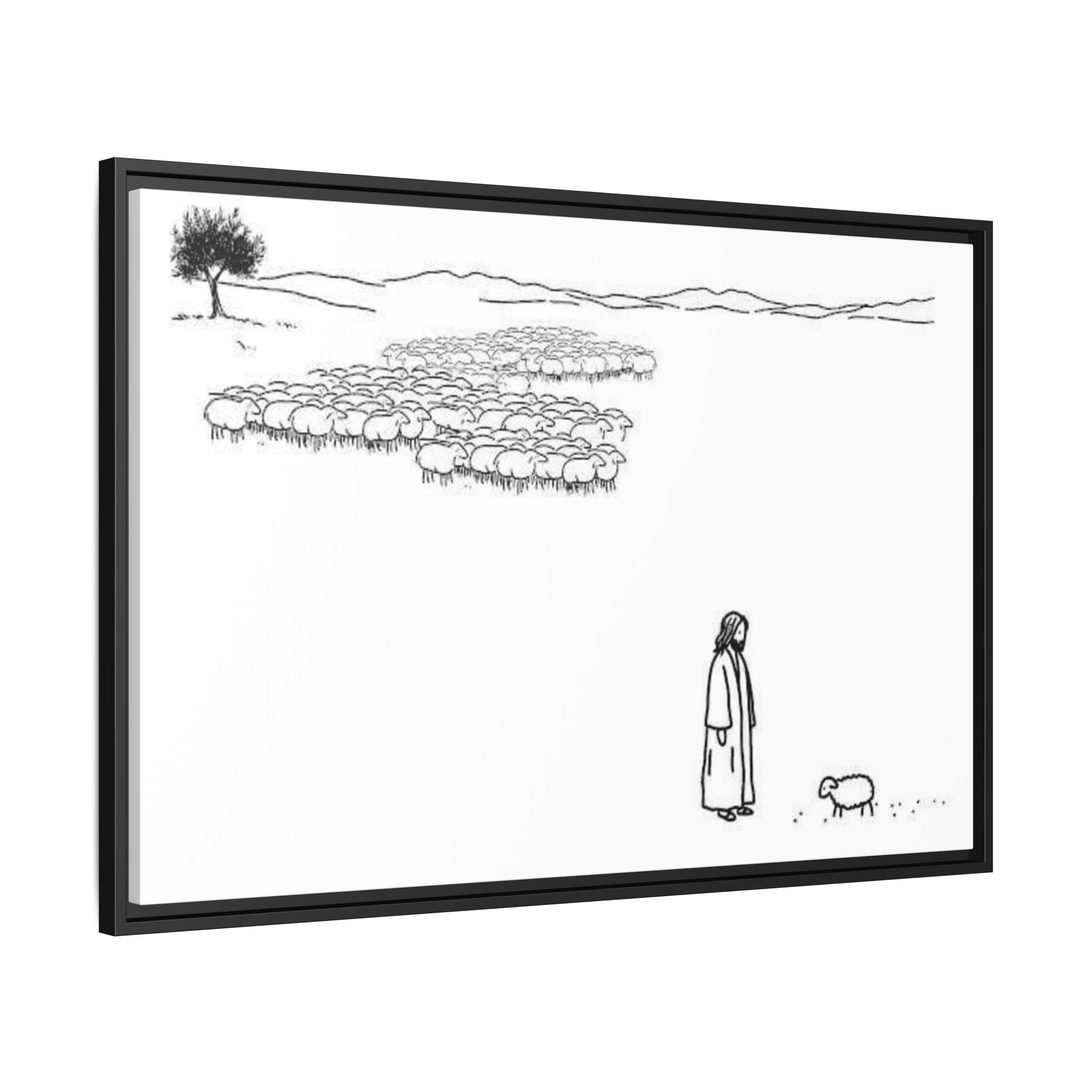 Framed Matte Canvas Print — Minimal The Good Shepherd & Flock Line Art