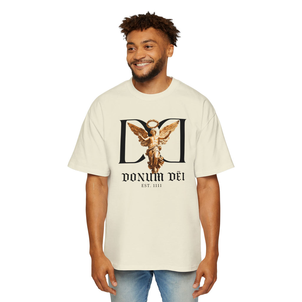 Donum Dei Angel Graphic Tee — Vintage Roman Lettering Men’s Oversized T‑Shirt