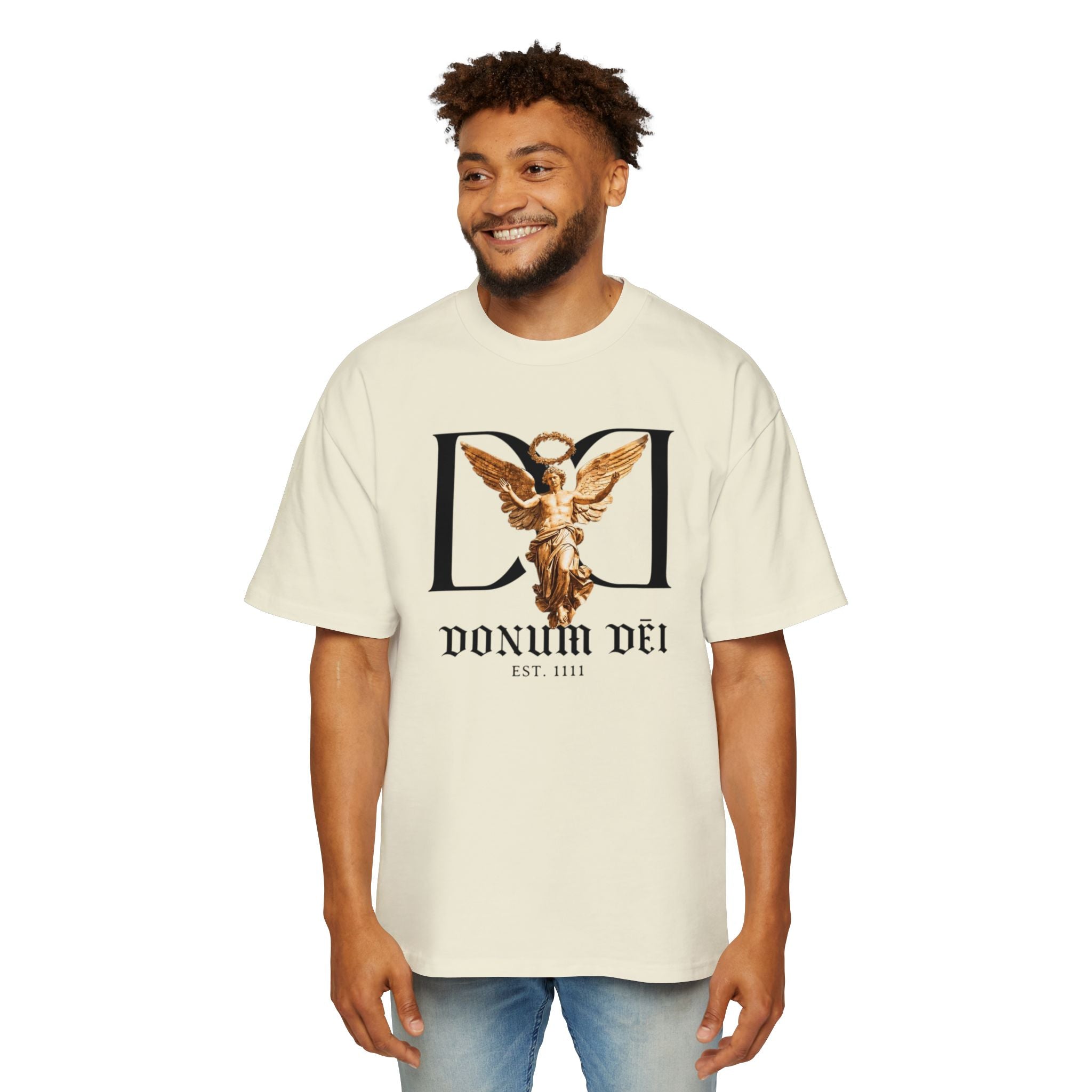 Donum Dei Angel Graphic Tee — Vintage Roman Lettering Men’s Oversized T‑Shirt
