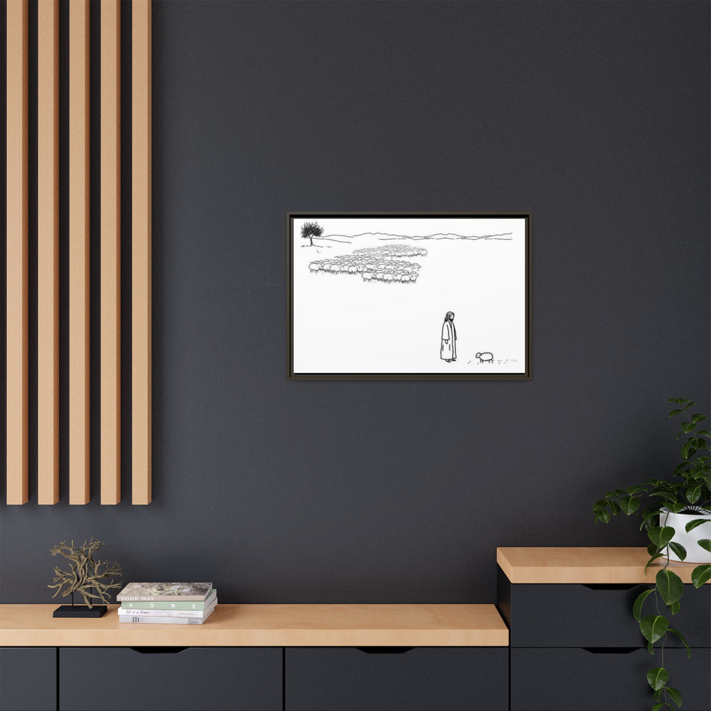 Framed Matte Canvas Print — Minimal The Good Shepherd & Flock Line Art