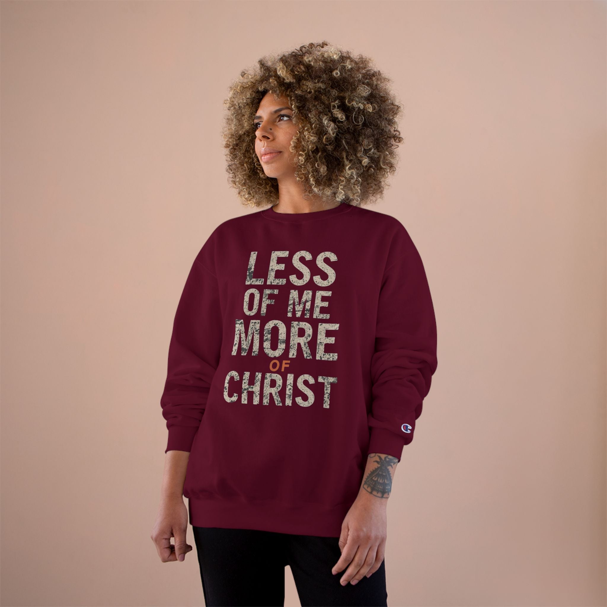 Christian Sweatshirt — "Less of Me, More of Christ" Inspirational Crewneck