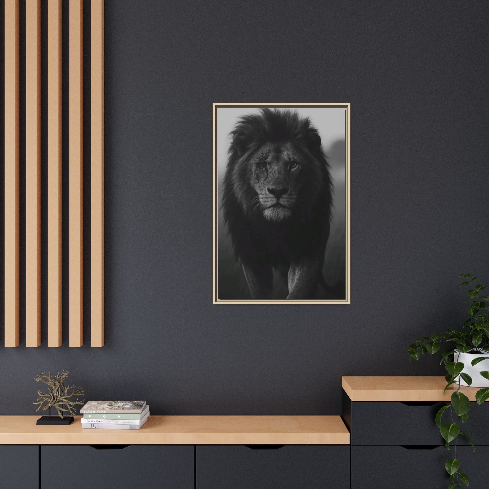 Framed Matte Canvas Lion Wall Art – Black & White Majestic Lion Print