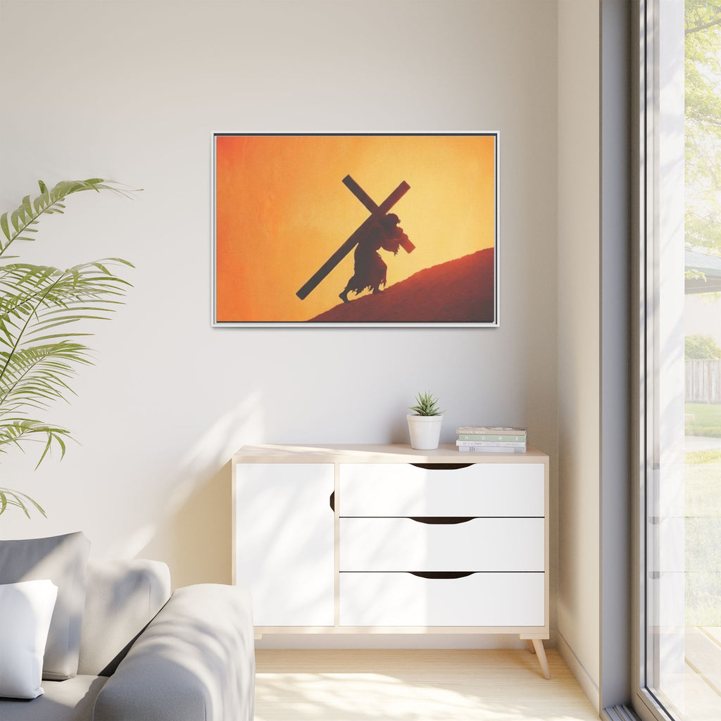 Jesus Christ Carrying Cross Framed Canvas — 'The World On His Shoulder' Sunset Art