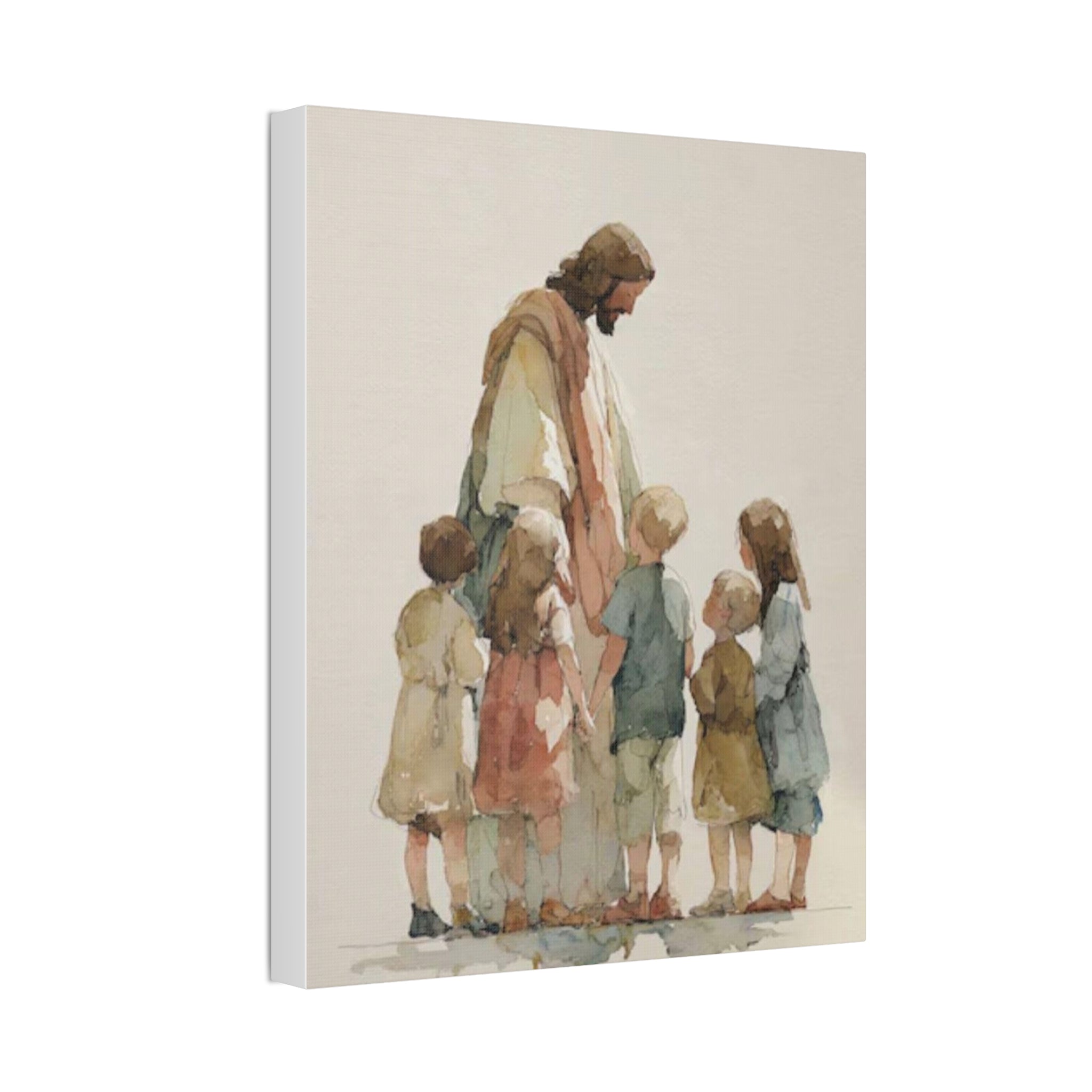 Faithful Father and Children Watercolor Canvas Print — Religious Nursery Wall Art