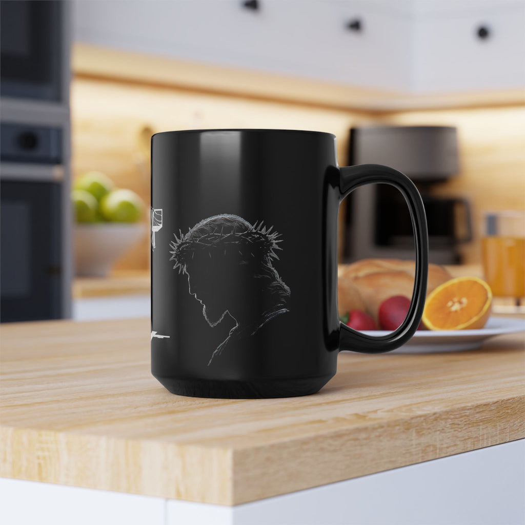 Christian Cross & Crown of Thorns Black Coffee Mug — Inspirational Scripture Gift (11oz/15oz)