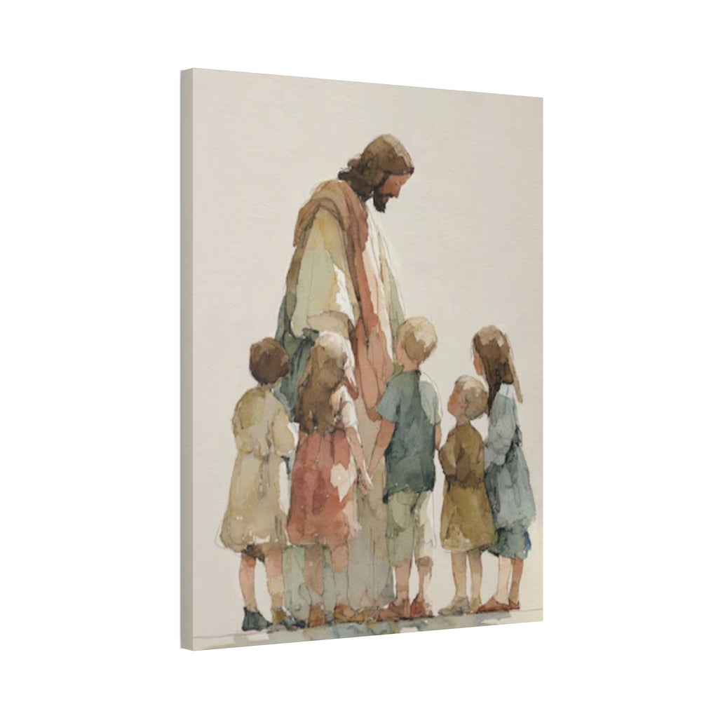 Faithful Father and Children Watercolor Canvas Print — Religious Nursery Wall Art