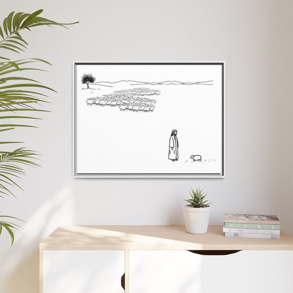 Framed Matte Canvas Print — Minimal The Good Shepherd & Flock Line Art