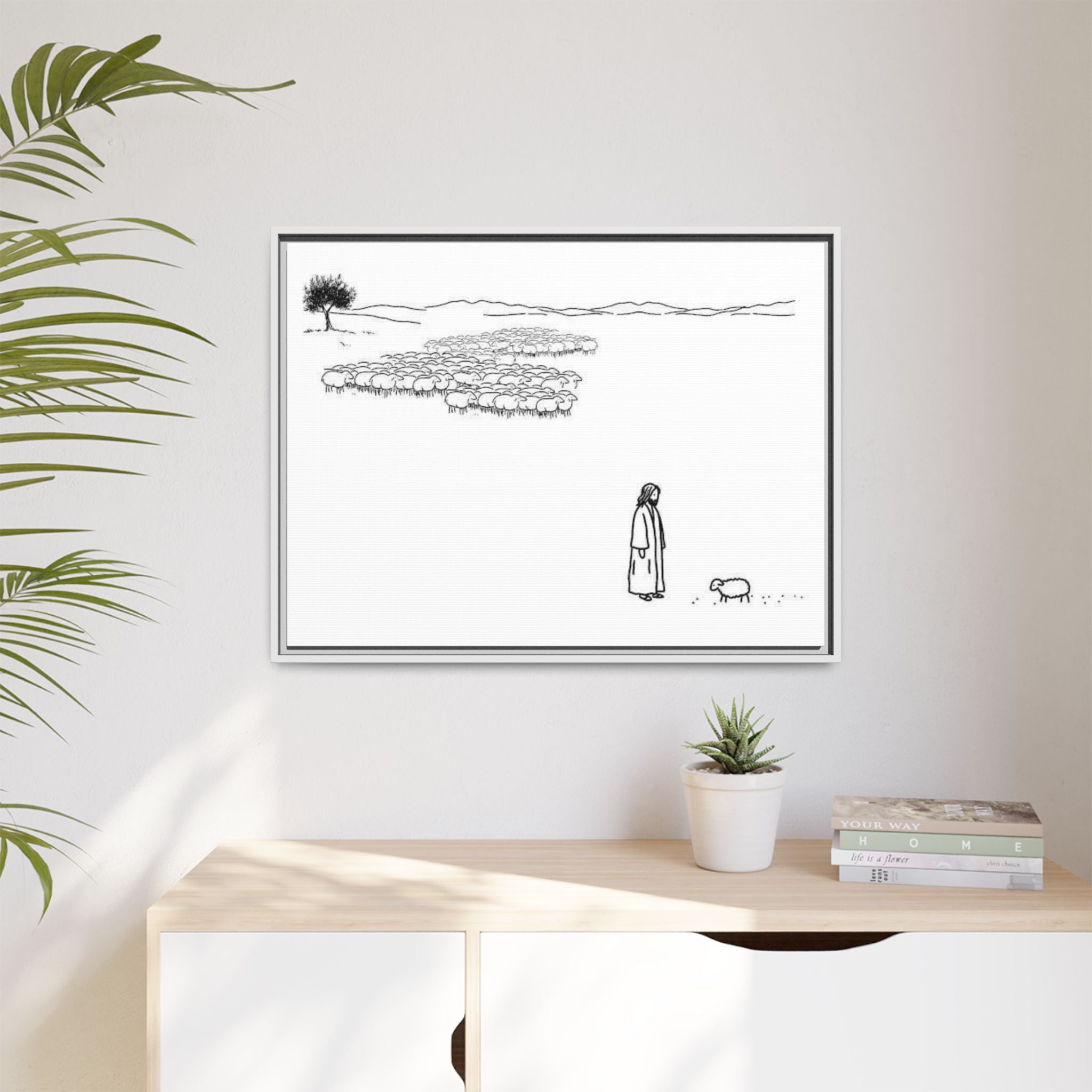 Framed Matte Canvas Print — Minimal The Good Shepherd & Flock Line Art