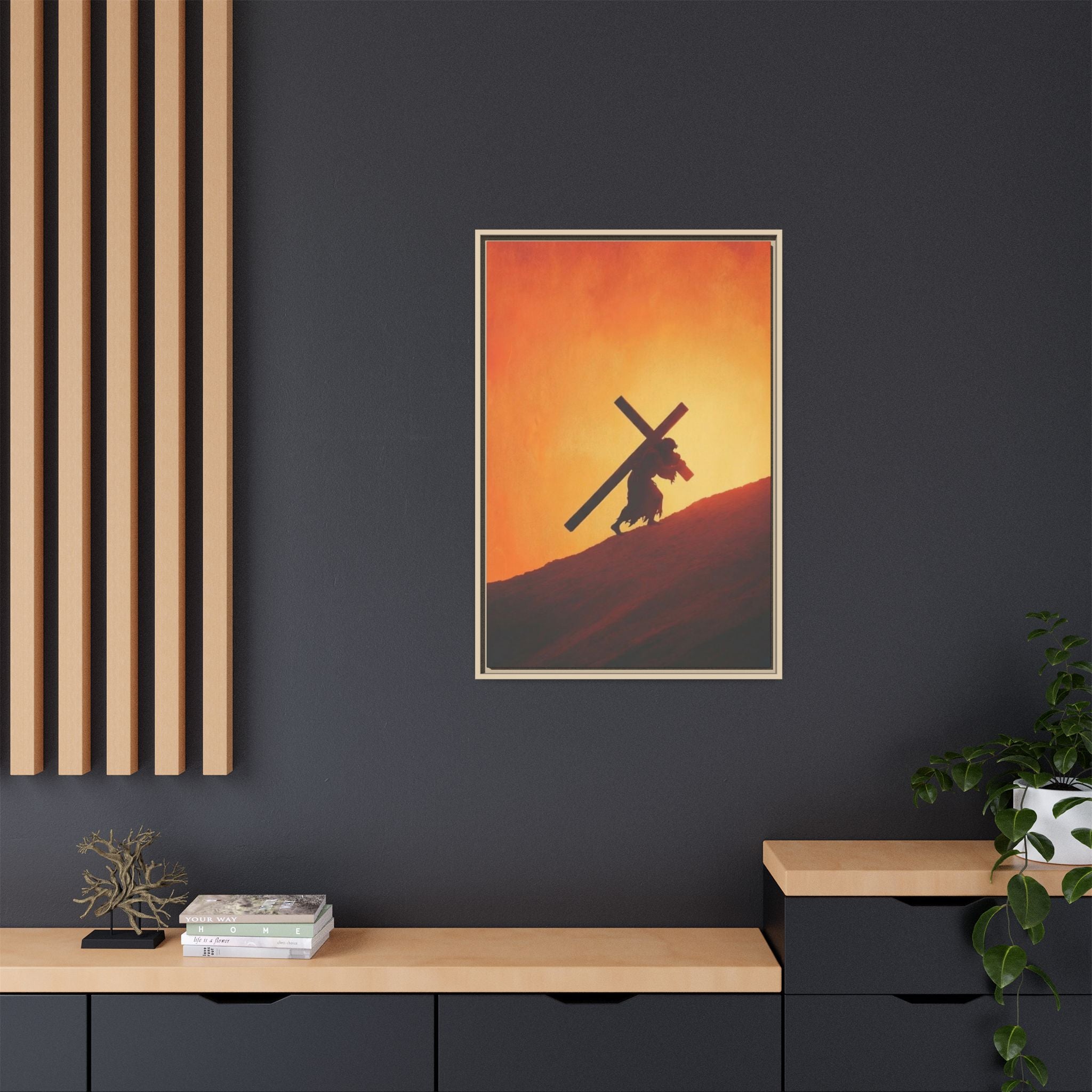 Jesus Christ Carrying Cross Framed Canvas — 'The World On His Shoulder' Sunset Art