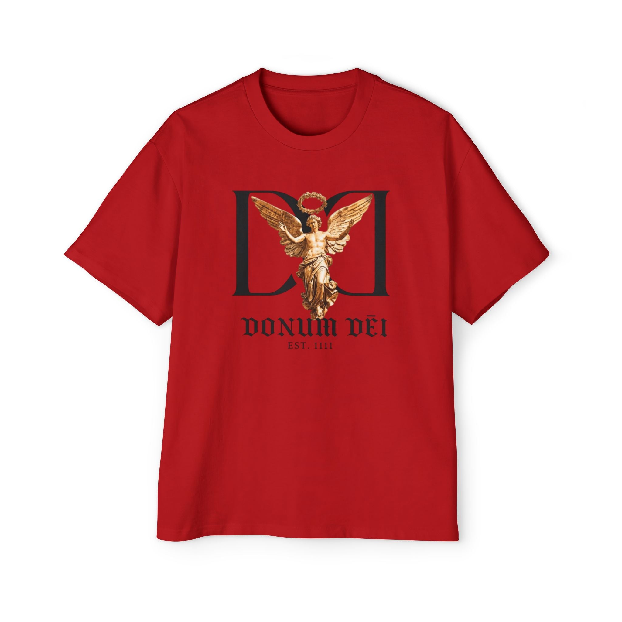 Donum Dei Angel Graphic Tee — Vintage Roman Lettering Men’s Oversized T‑Shirt
