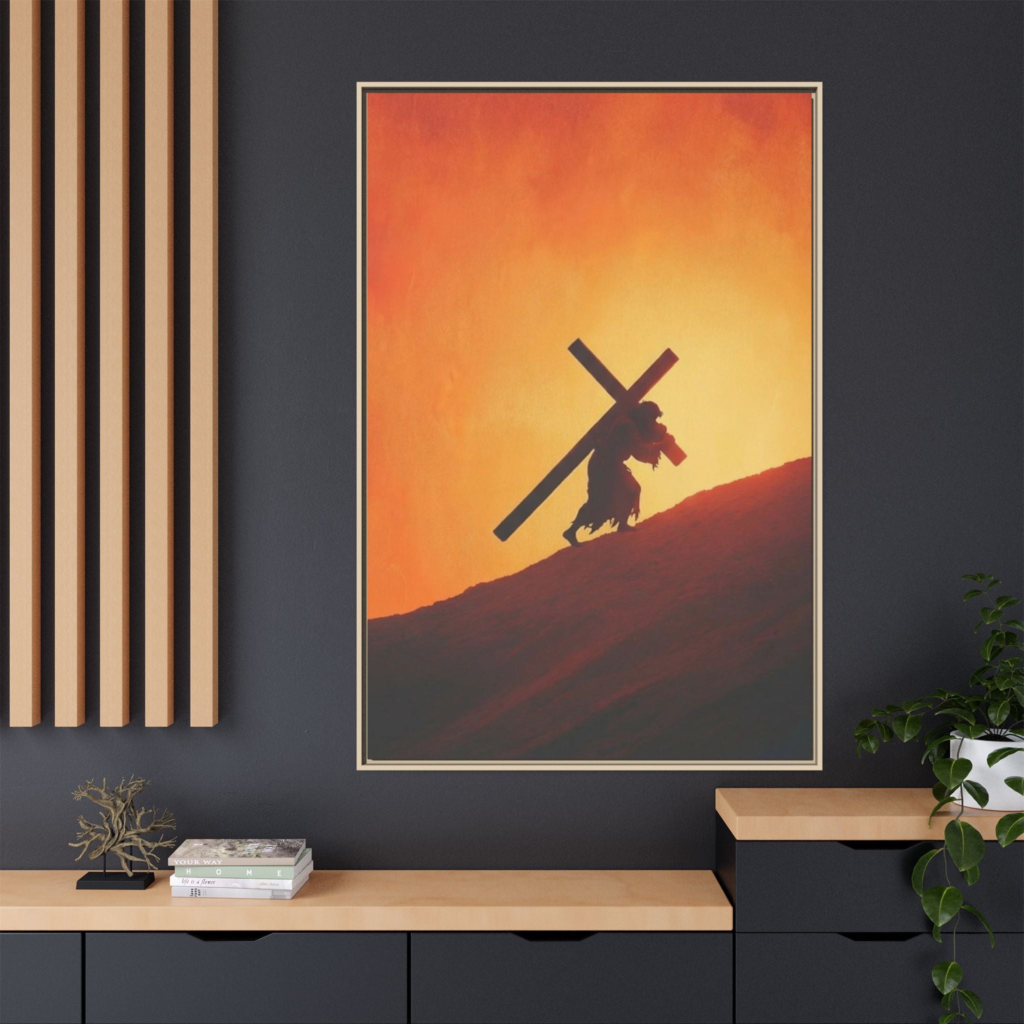 Jesus Christ Carrying Cross Framed Canvas — 'The World On His Shoulder' Sunset Art