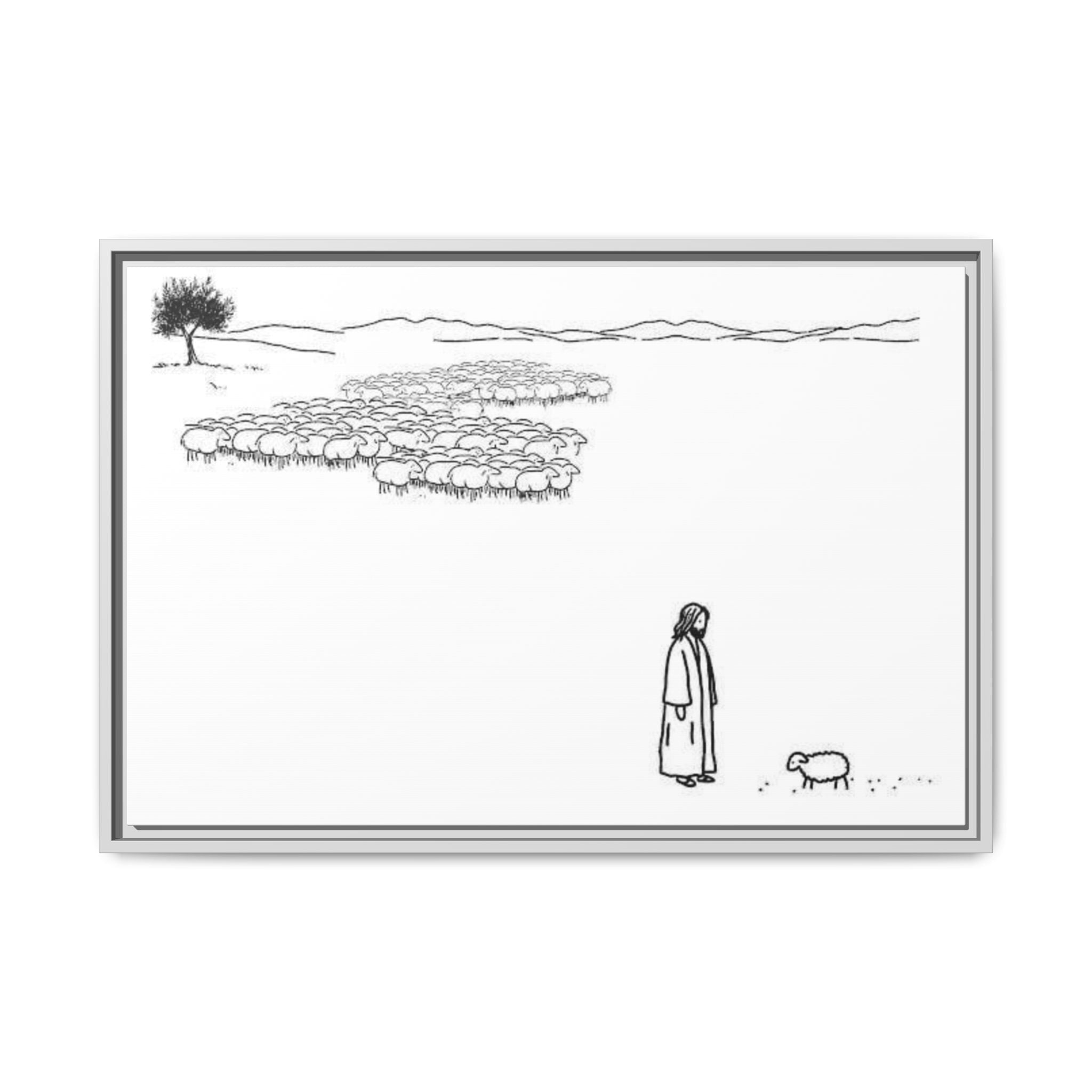 Framed Matte Canvas Print — Minimal The Good Shepherd & Flock Line Art