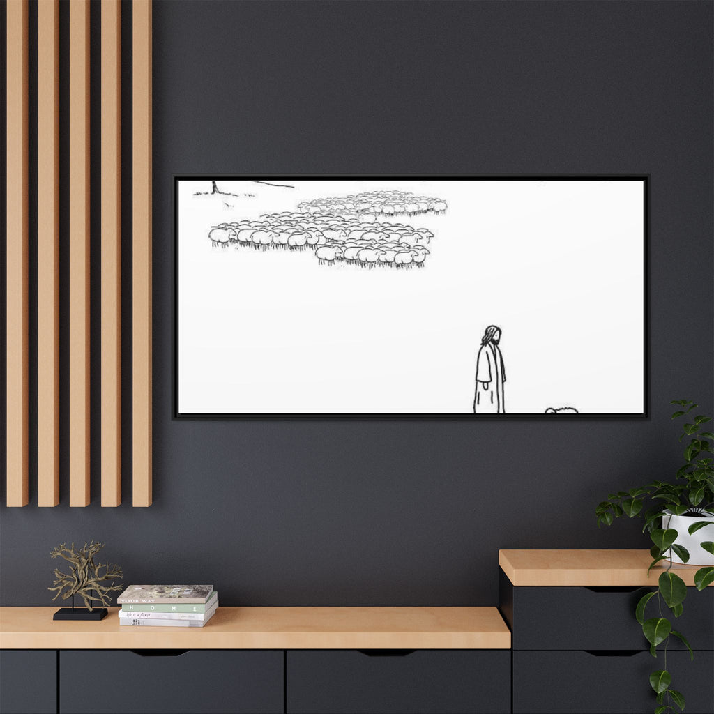 Framed Matte Canvas Print — Minimal The Good Shepherd & Flock Line Art