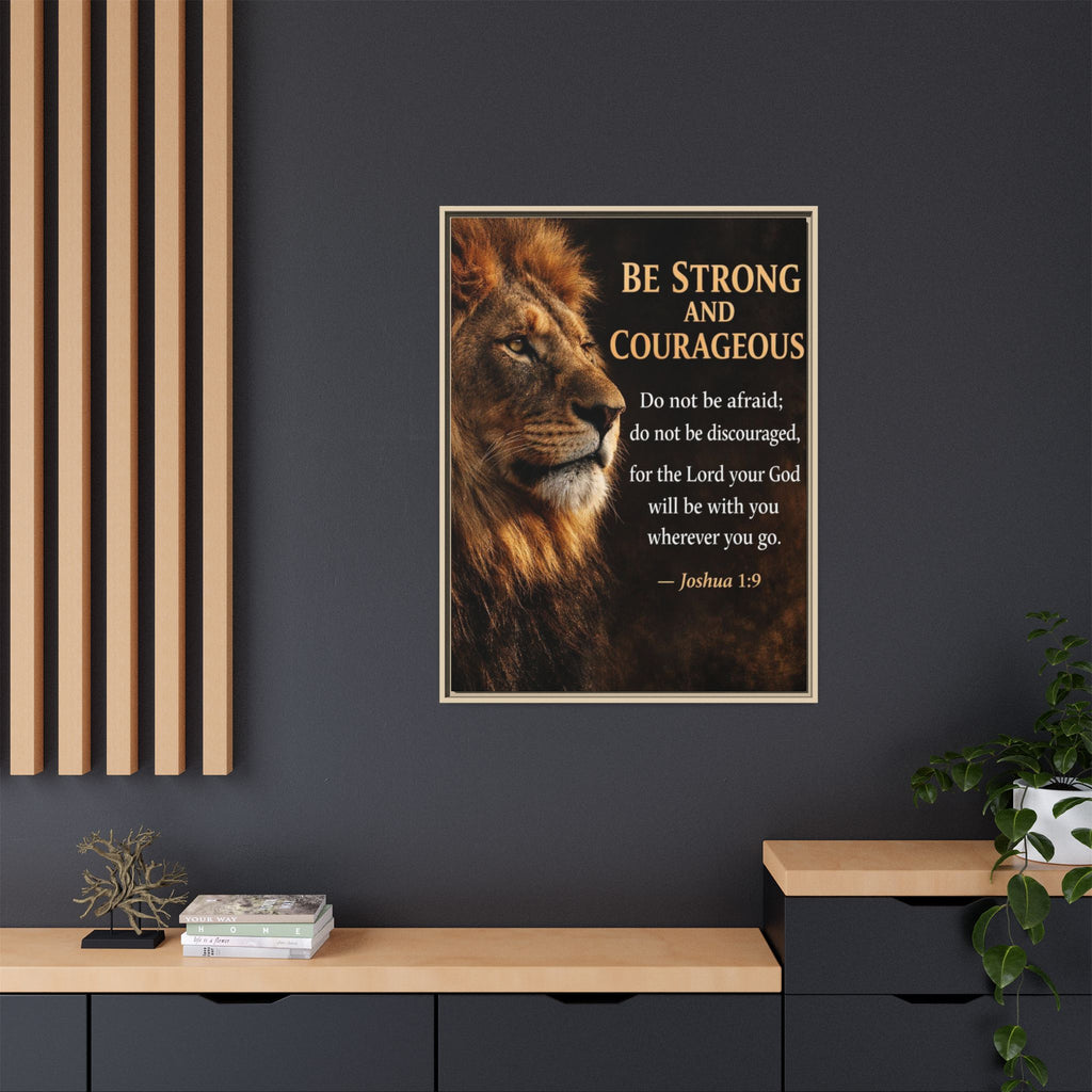 Framed Canvas Wall Art — "Be Strong and Courageous" Lion Joshua 1:9 Inspirational FAITH Art