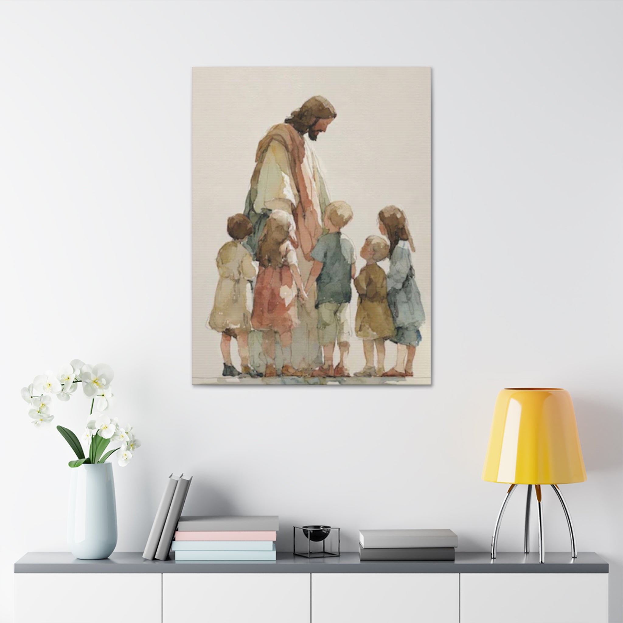 Faithful Father and Children Watercolor Canvas Print — Religious Nursery Wall Art