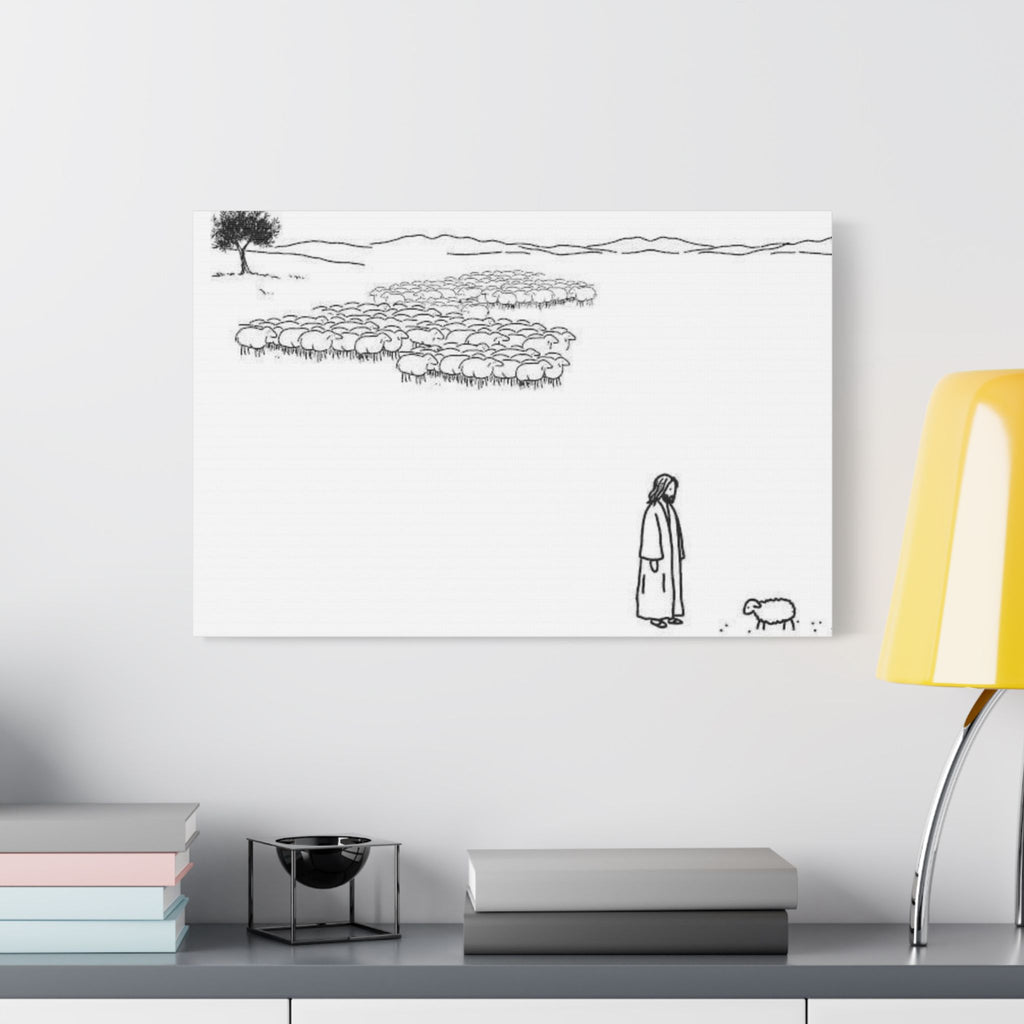 Jesus With One Lost Sheep Satin Canvas Wall Art