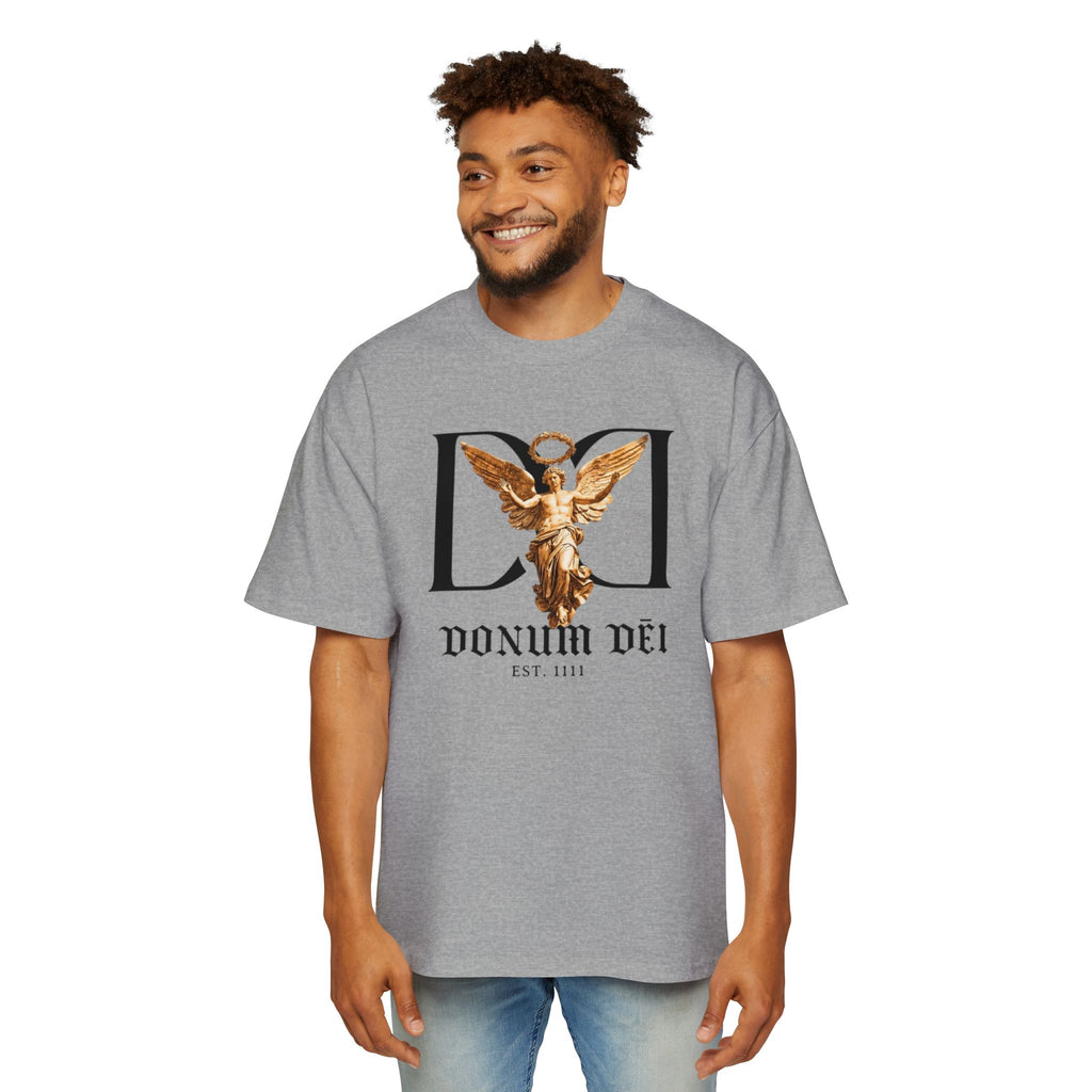 Donum Dei Angel Graphic Tee — Vintage Roman Lettering Men’s Oversized T‑Shirt