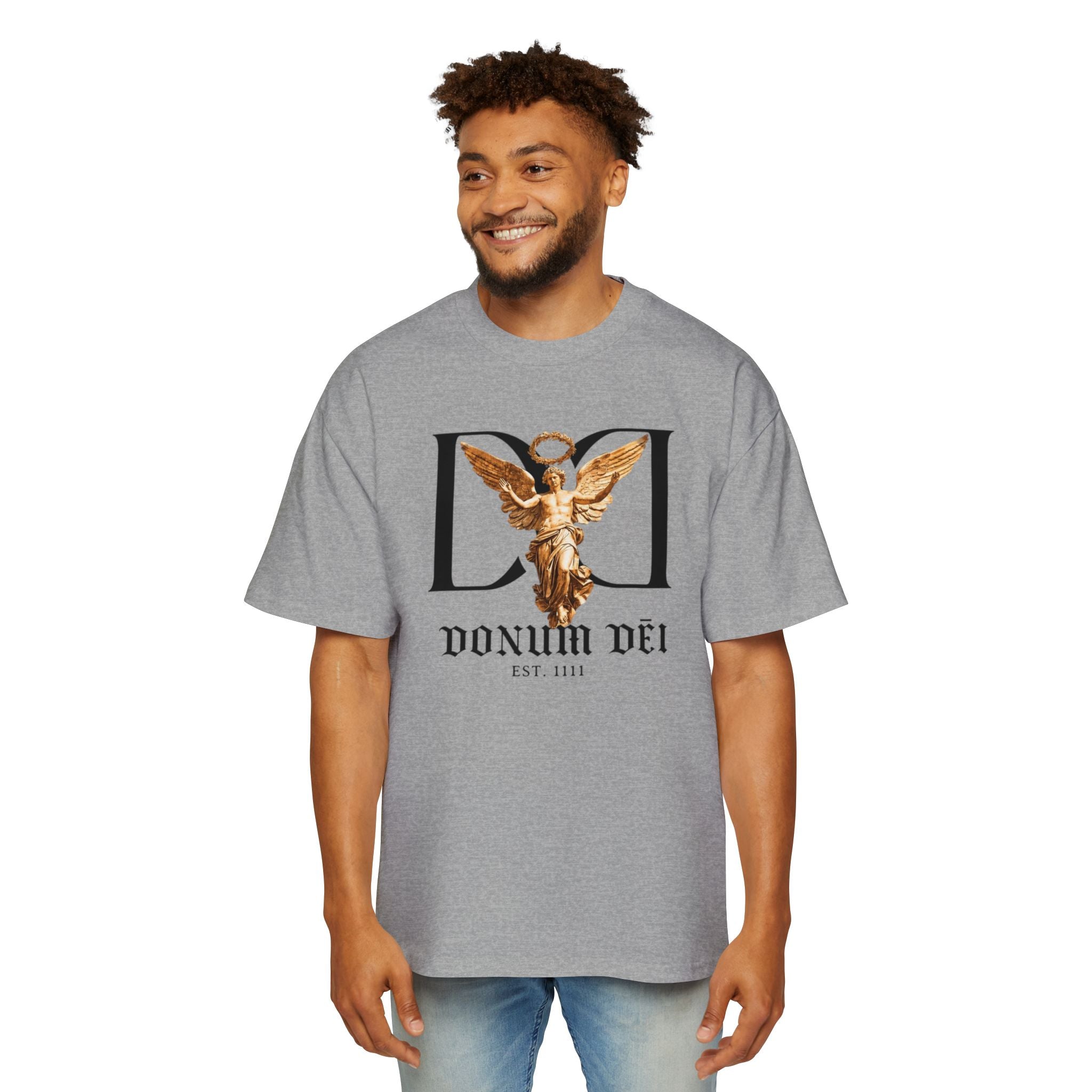 Donum Dei Angel Graphic Tee — Vintage Roman Lettering Men’s Oversized T‑Shirt