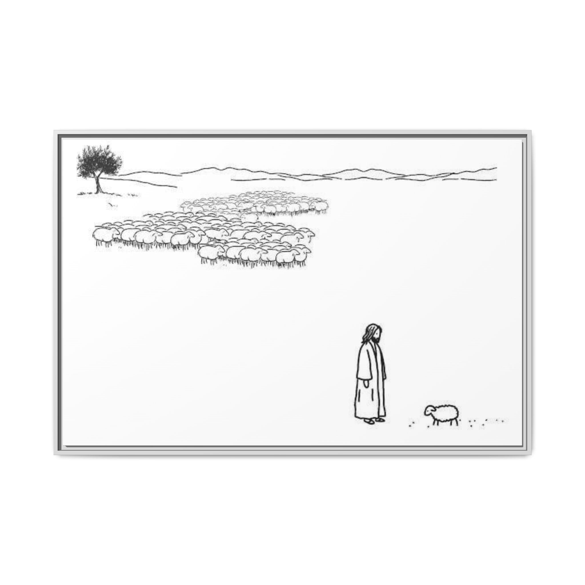 Framed Matte Canvas Print — Minimal The Good Shepherd & Flock Line Art